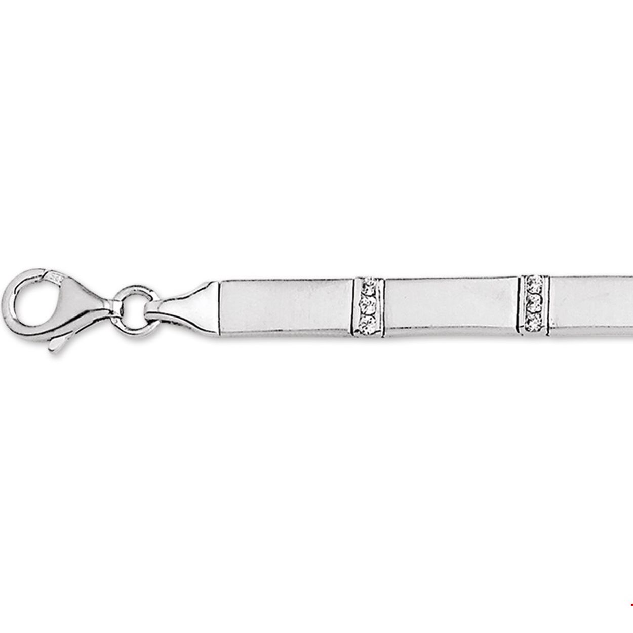Beschrijving: Gerhodineerd zilveren armband met zirkonia en een poli/matte afwerking. 
Verpakt per: 1
Doelgroep: dames
Breedte: 5 mm
Langste lengte: 19 mm
Zetting: entourage (rijzetting)