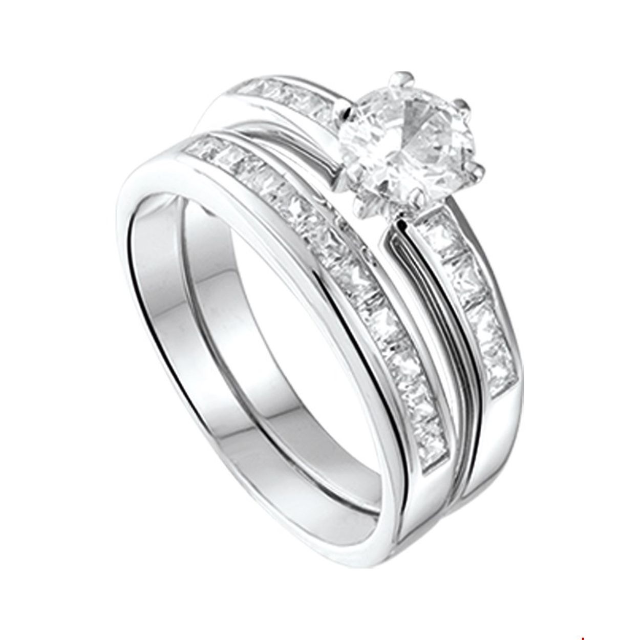 Beschrijving: Gerhodineerd zilveren ringenset bestaande uit 2 losse ringen met zirkonia. 
Uniekenummer serie: 26211
Verpakt per: 1
Doelgroep: dames
Ringmaat: 18.50 mm (58)
Breedte: 10 mm
Zetting: entourage (rijzetting)