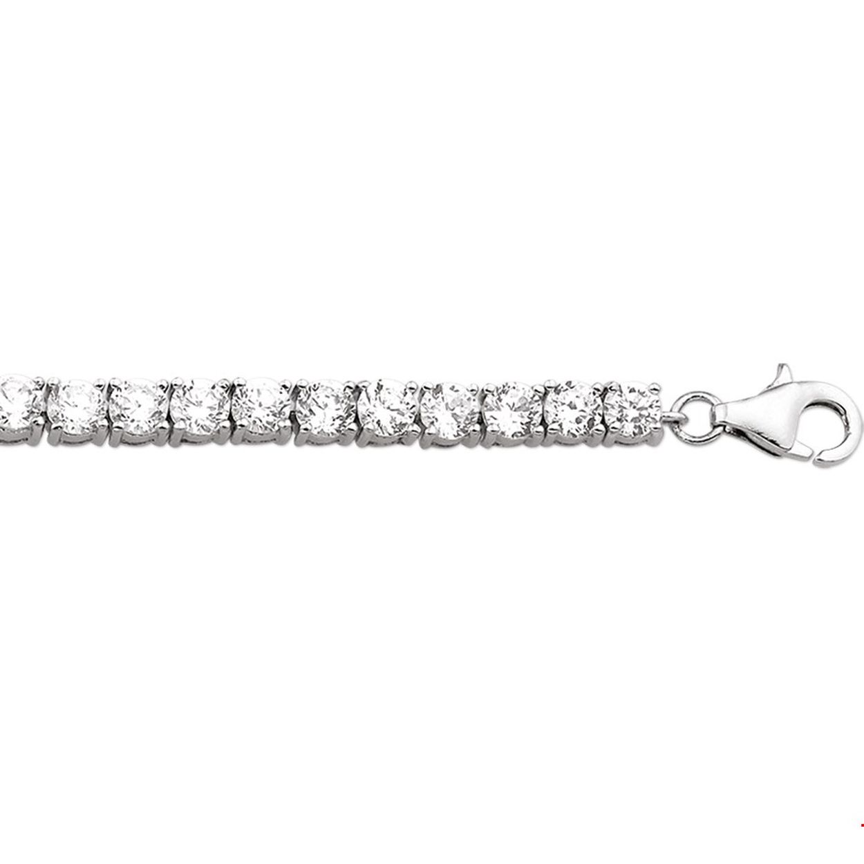 Beschrijving: Gerhodineerd zilveren tennisarmband met zirkonia. 
Breedte: 4.2 mm
Langste lengte: 18.5 mm
Zetting: alliance (chatonzetting)