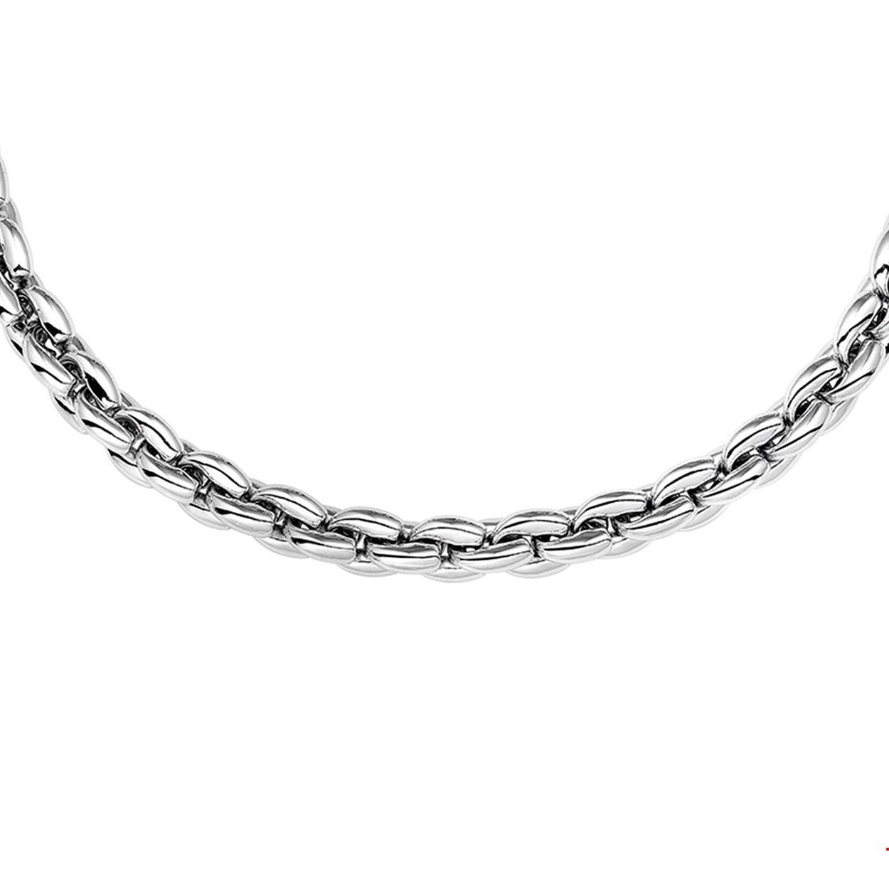 Gerhodineerd zilveren collier met fantasie schakel. 
Doelgroep: dames
Breedte: 9 mm
Langste lengte: 45 mm