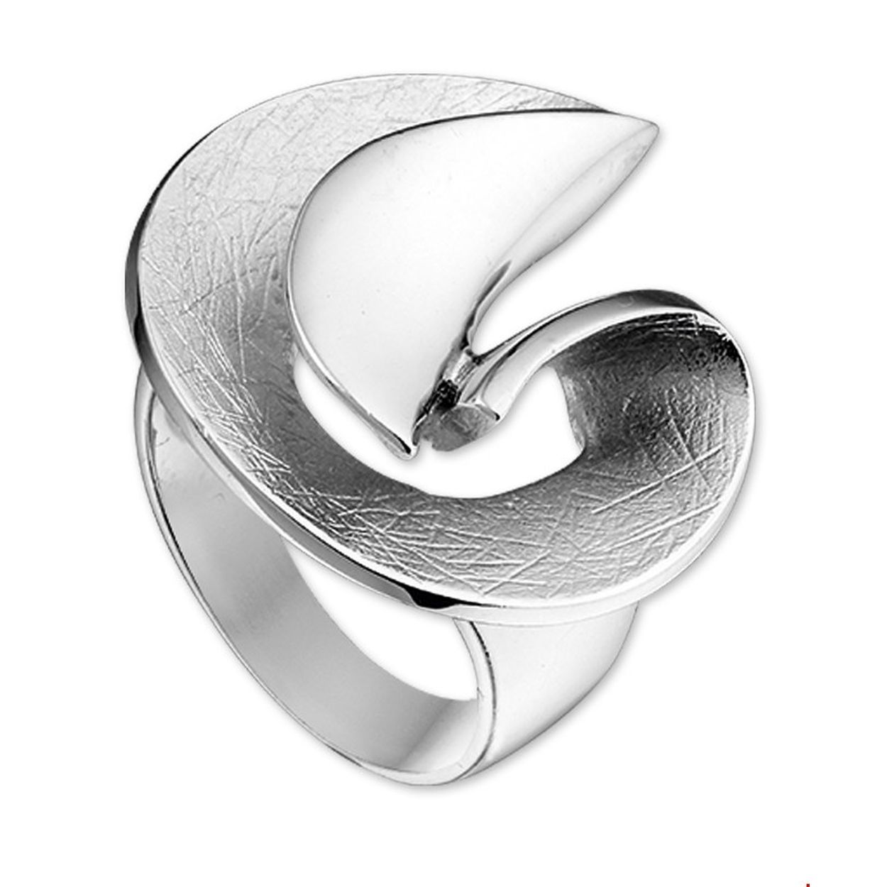Beschrijving: Gerhodineerd zilveren ring met een poli/gescratchte bewerking.
