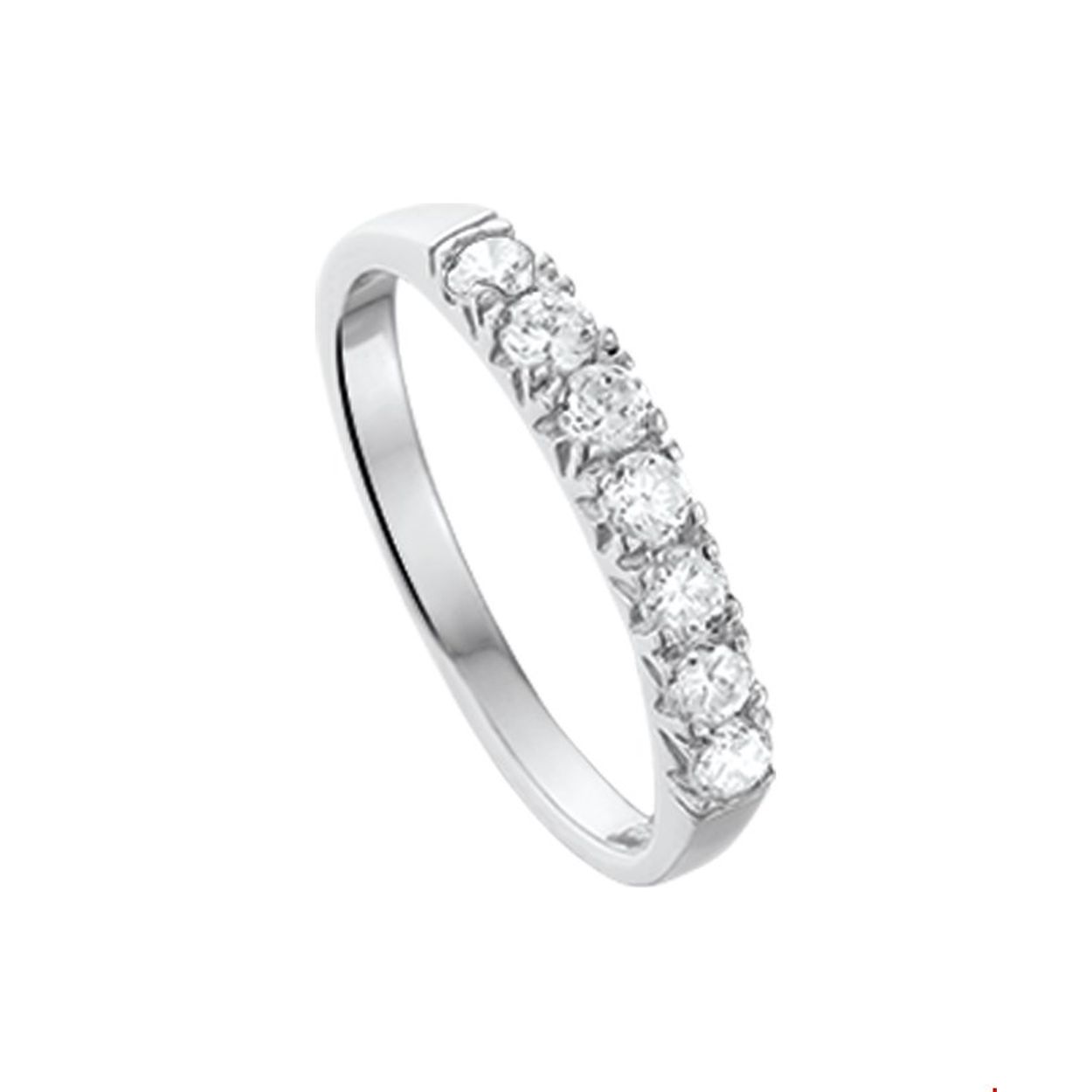 Gerhodineerd zilveren ring met zirkonia. 
Doelgroep: dames
Ringmaat: 17.25 mm (54)
Breedte: 2.5 mm
Zetting: alliance (rijzetting)