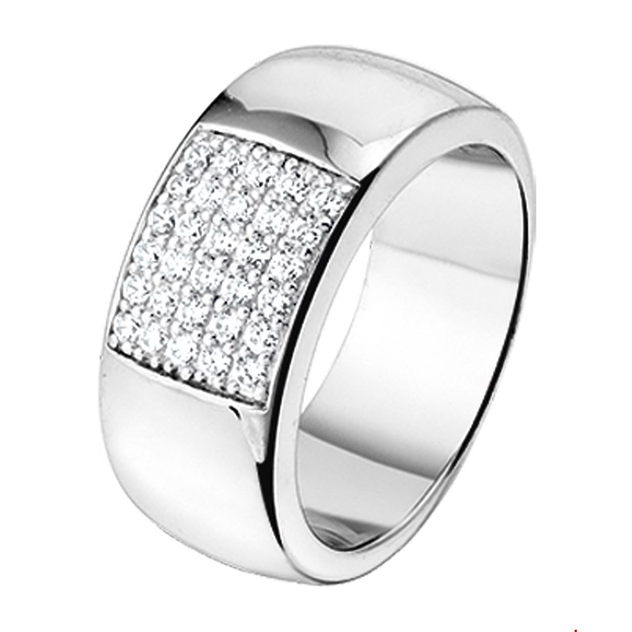 Beschrijving: Gerhodineerd zilveren ring met zirkonia. 
Uniekenummer serie: 26268
Verpakt per: 1
Doelgroep: dames
Ringmaat: 18.00 mm (57)
Breedte: 8.5 mm
Zetting: pave