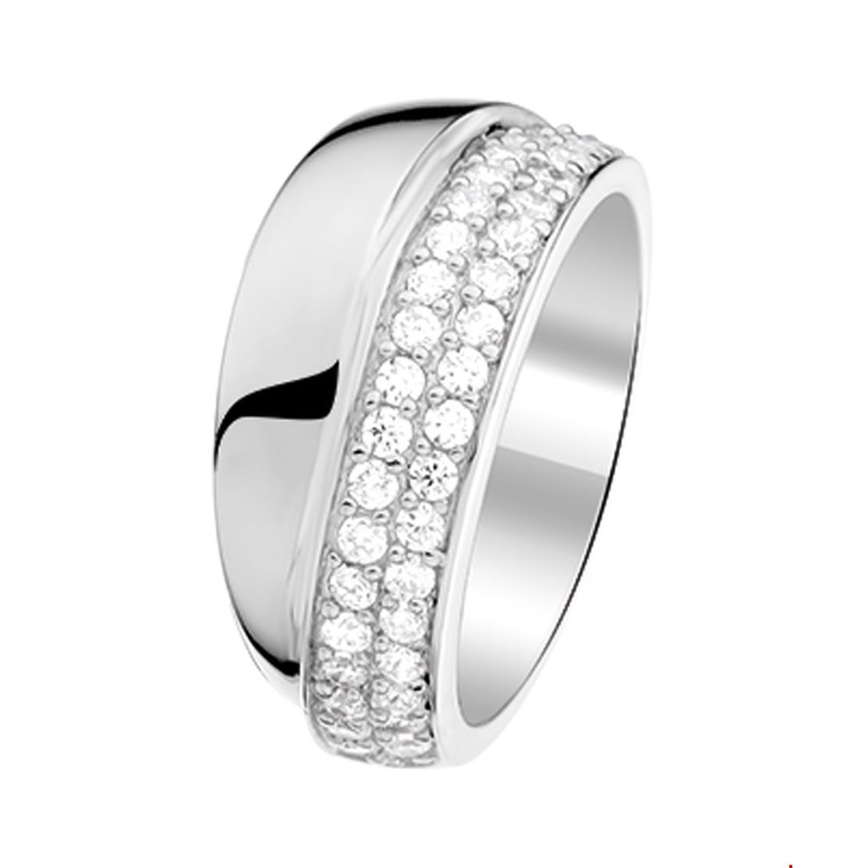 Beschrijving: Gerhodineerd zilveren ring met zirkonia. 
Doelgroep: dames
Ringmaat: 16.50 mm (52)
Breedte: 9 mm
Zetting: pave