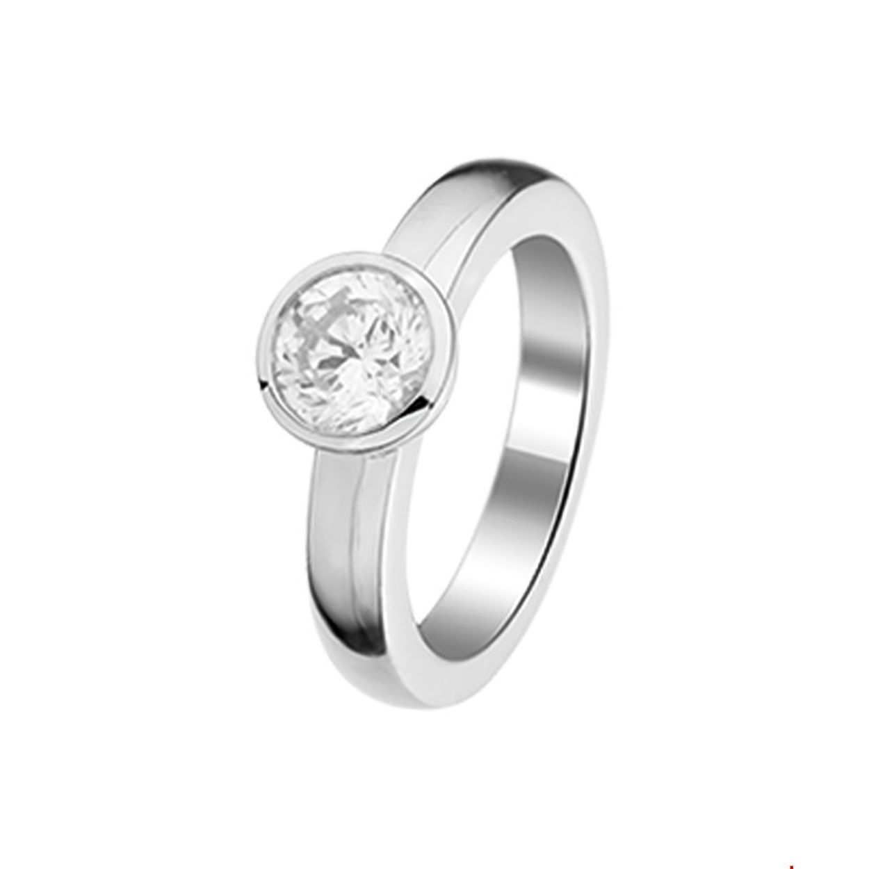Beschrijving: Gerhodineerd zilveren ring met zirkonia. 
Uniekenummer serie: 26161
Verpakt per: 1
Doelgroep: dames
Ringmaat: 17.00 mm (53)
Breedte: 7 mm
Zetting: solitaire (kastzetting)
