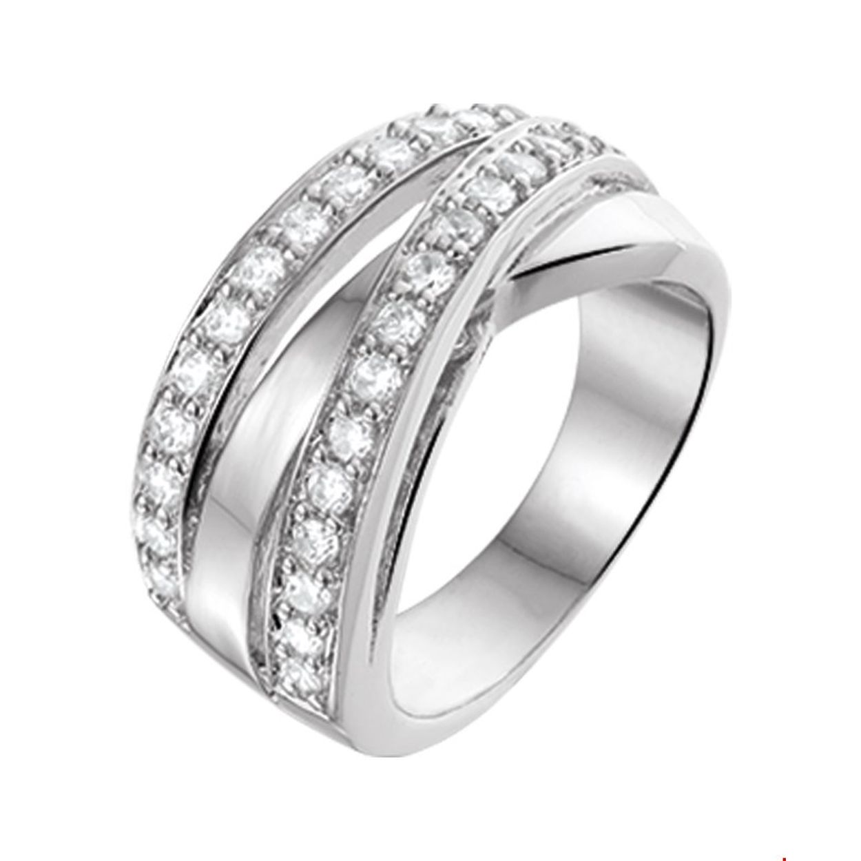 Beschrijving: Gerhodineerd zilveren ring met zirkonia. 
Uniekenummer serie: 40608
Verpakt per: 1
Doelgroep: dames
Ringmaat: 15.00 mm (47)
Breedte: 10.5 mm
Zetting: entourage (rijzetting)