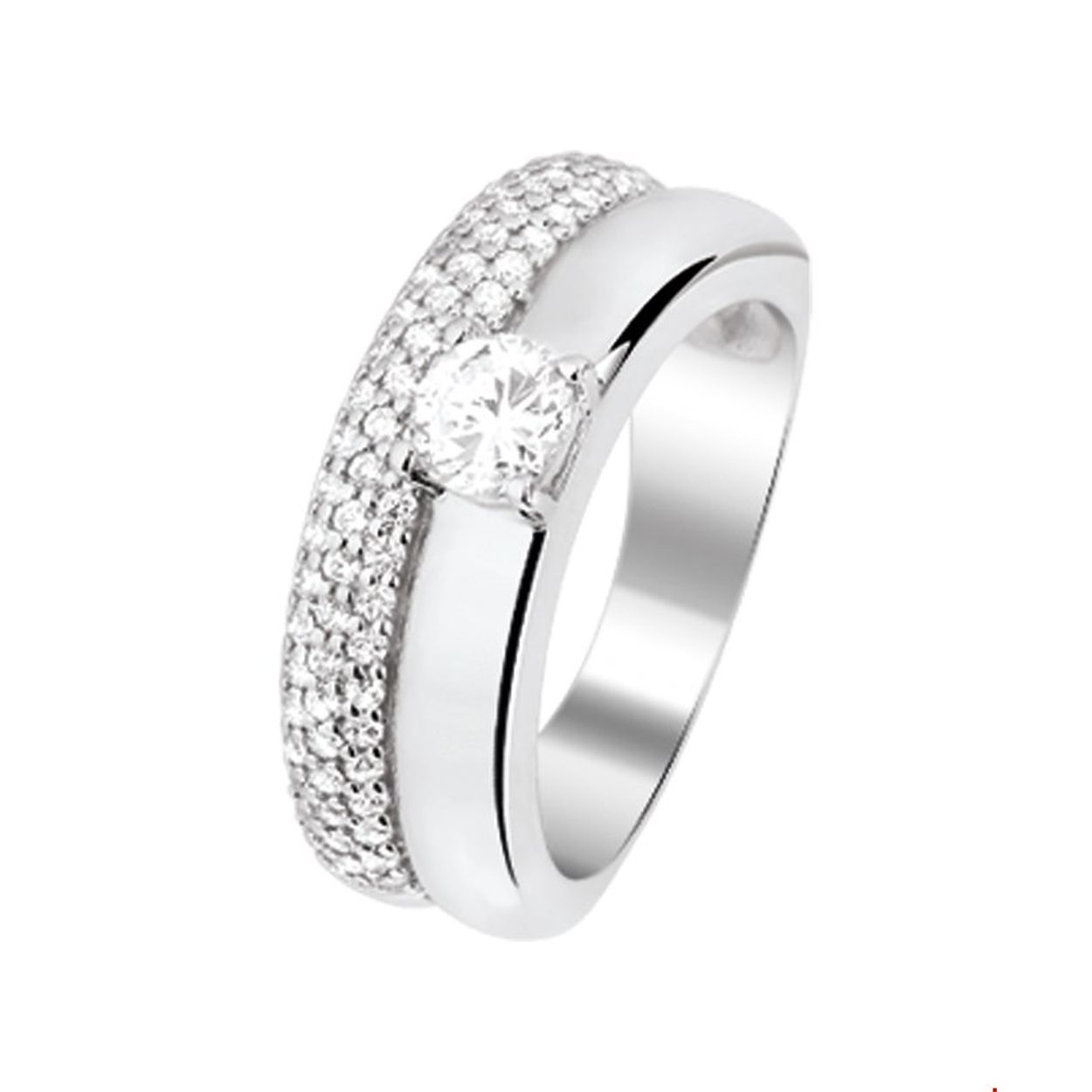Beschrijving: Gerhodineerd zilveren ring met zirkonia. 
Uniekenummer serie: 26259
Verpakt per: 1
Doelgroep: dames
Ringmaat: 18.50 mm (58)
Breedte: 8.5 mm
Zetting: pave