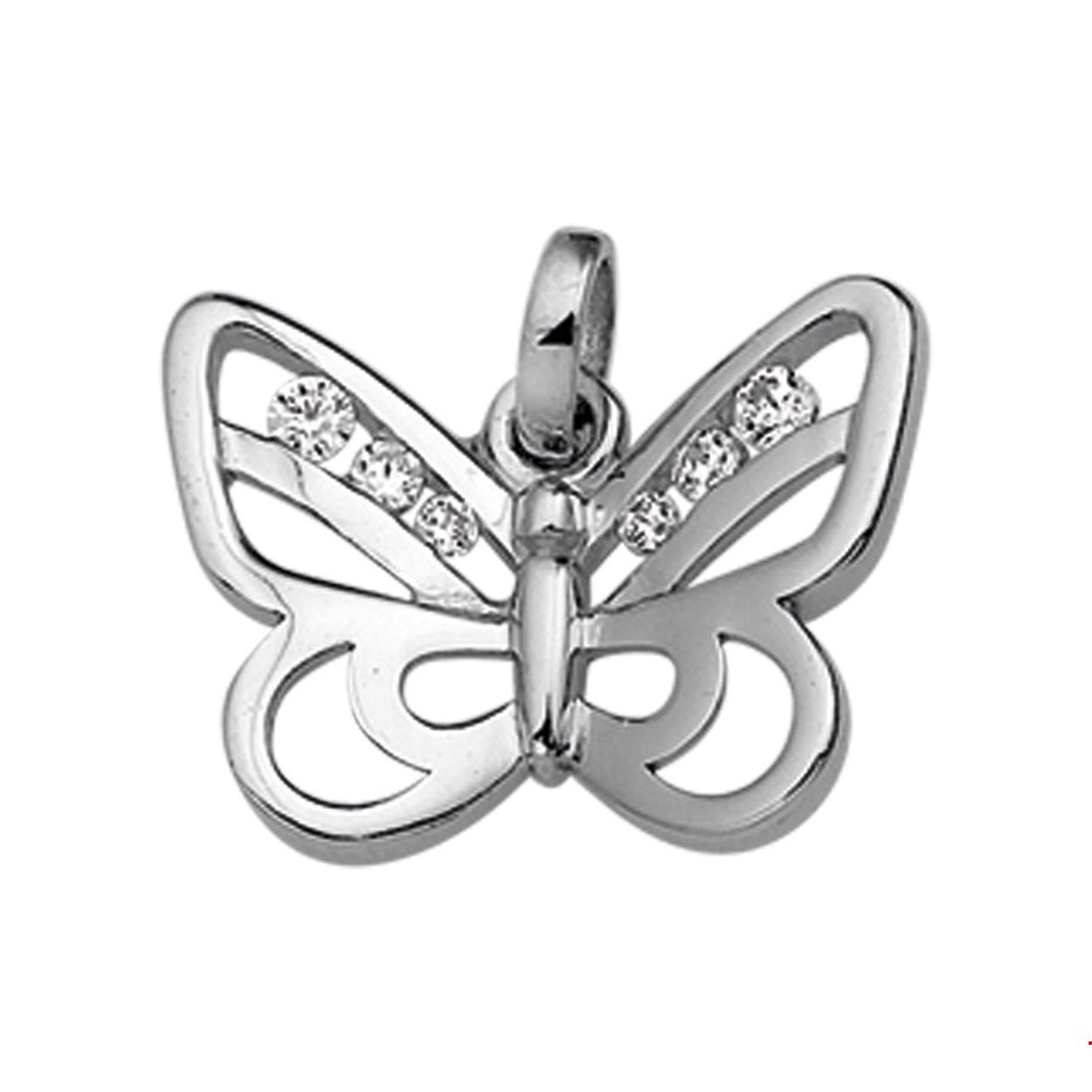 Gerhodineerd zilveren hanger met een vlinder en zirkonia. De hanger heeft een los hangoog.