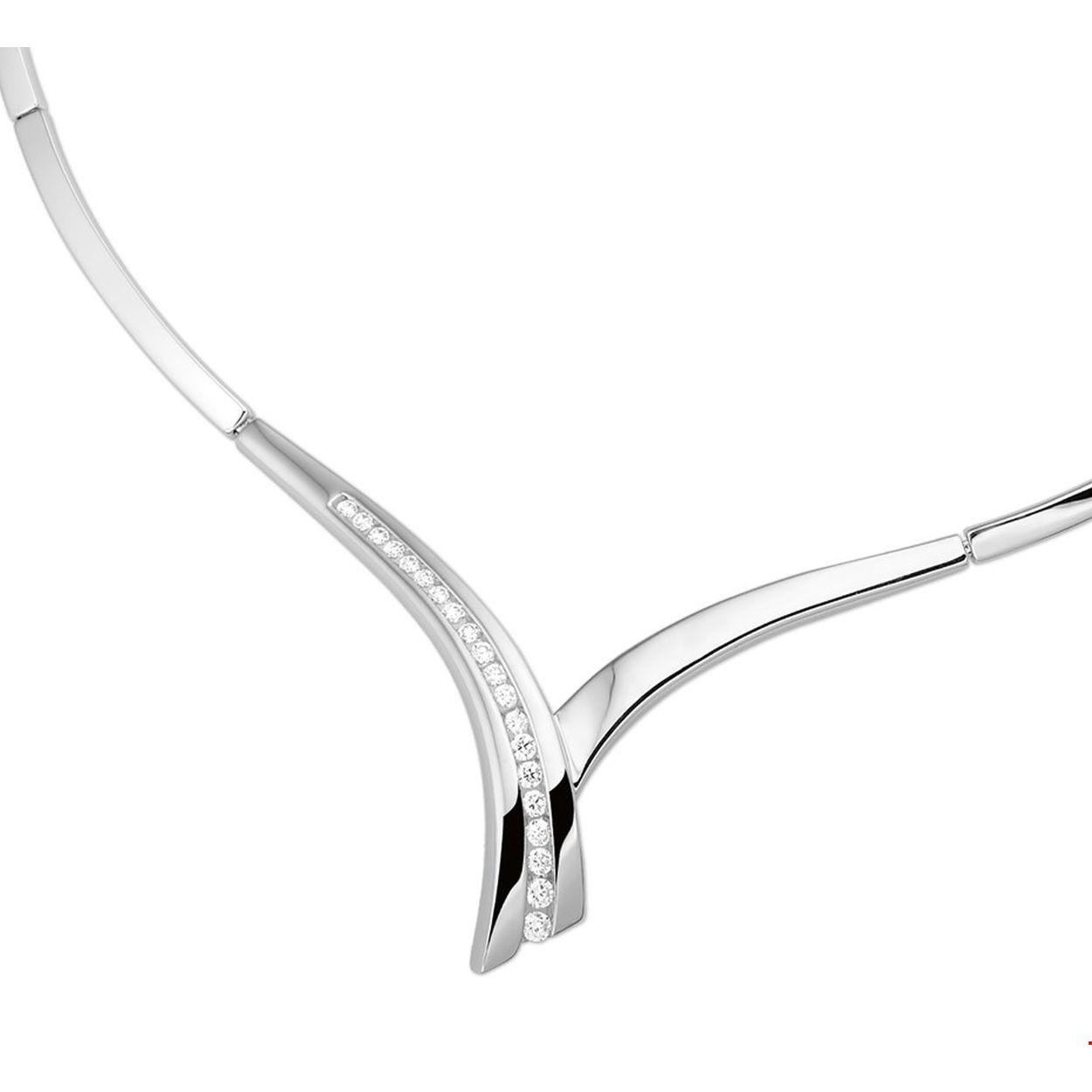 Gerhodineerd zilveren collier met zirkonia. 
Doelgroep: dames
Breedte: 3.2 mm
Langste lengte: 43 cm
Zetting: entourage (rail zetting)
