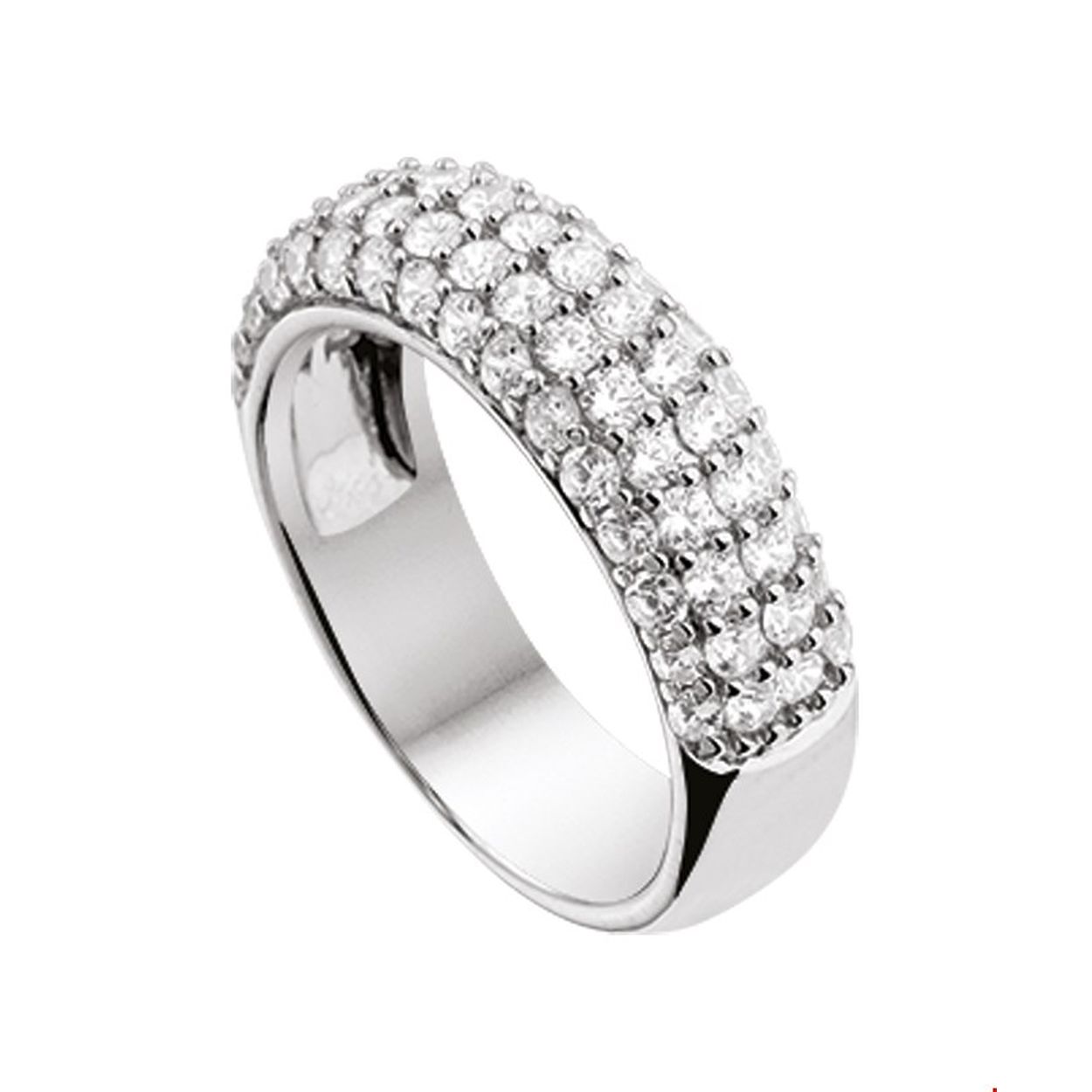 Beschrijving: Gerhodineerd zilveren ring met zirkonia. 
Doelgroep: dames
Ringmaat: 16.00 mm (50)
Breedte: 6 mm
Zetting: pave