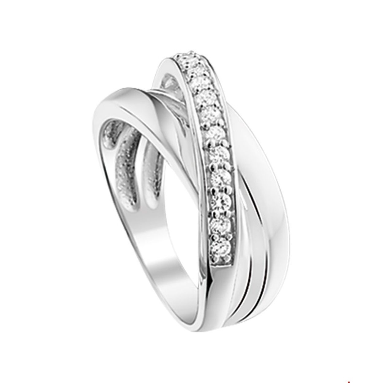 Beschrijving: Gerhodineerd zilveren ring met zirkonia. 
Uniekenummer serie: 26102
Verpakt per: 1
Doelgroep: dames
Ringmaat: 17.25 mm (54)
Breedte: 9 mm
Zetting: entourage (rijzetting)