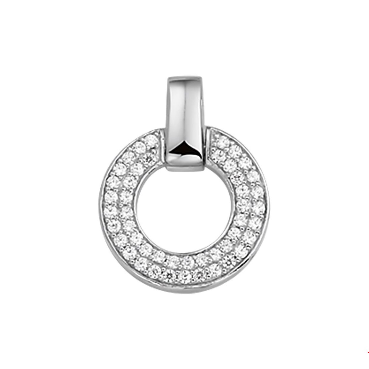 Zilver gerhodineerde fantasie cirkel hanger met zirconia in de rand gezet.