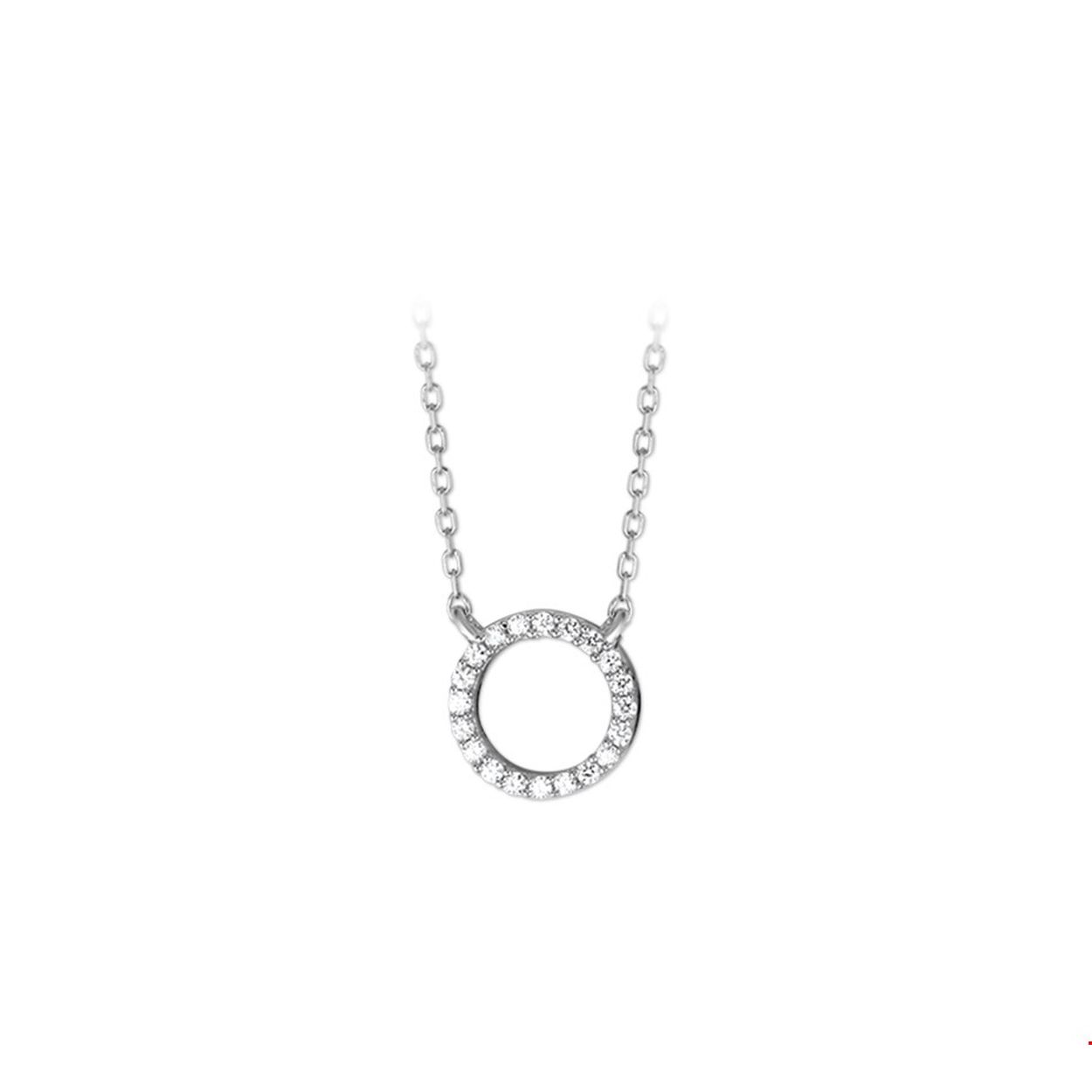 Gerhodineerd zilveren collier met open cirkel en zirkonia. De lengte van het collier bedraagt 40cm met 4cm extensie. De schakelbreedte bedraagt 1.1mm. 
Doelgroep: dames
Breedte: 1 mm
Kortste lengte: 40 cm
Langste lengte: 44 cm
Zetting: entourage (rijzetting)