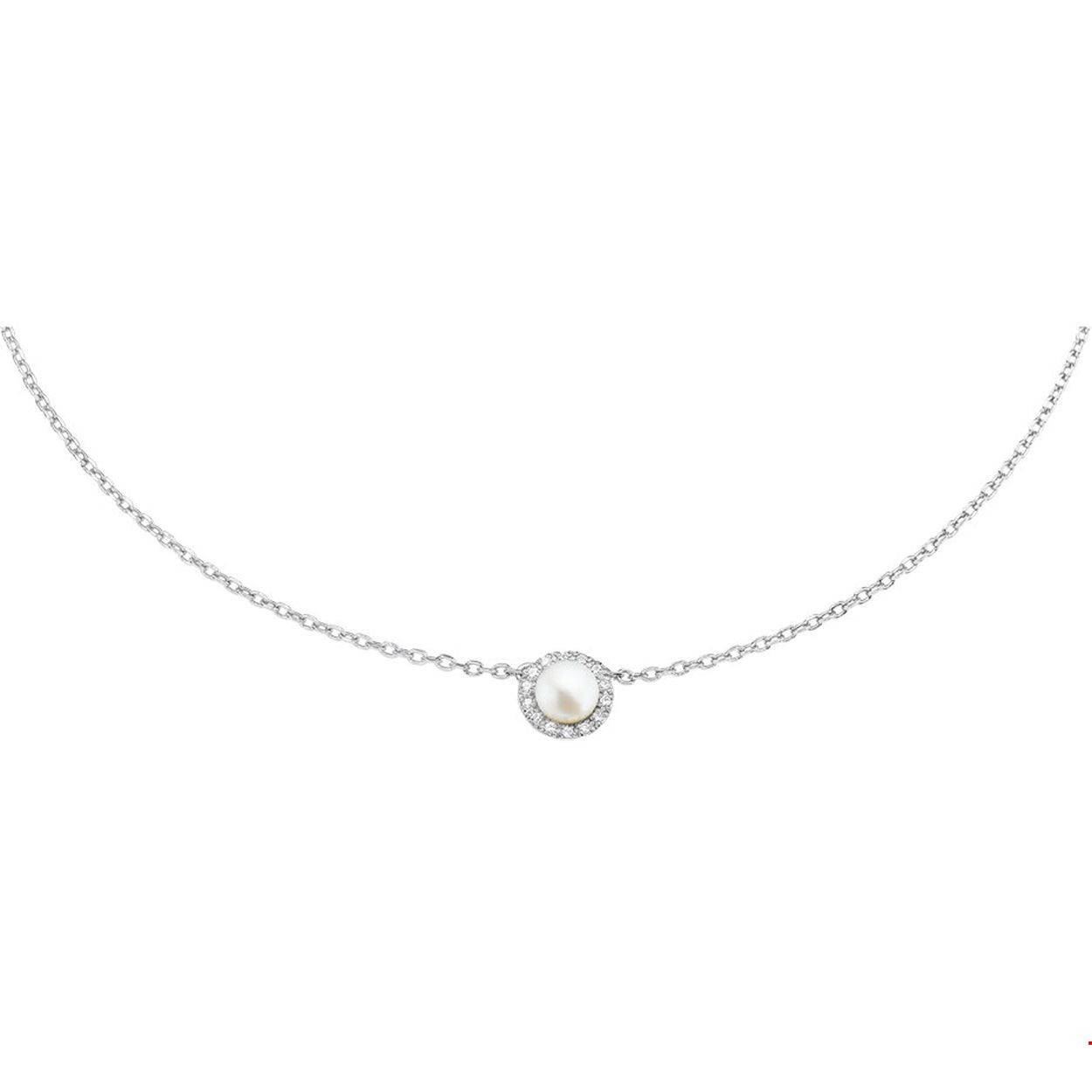 Gerhodineerd zilveren collier met een anker schakel. Het collier heeft een hanger  met zoetwaterparel en zirkonia. De lengte van het collier bedraagt 41cm met 4cm extensie. De schakelbreedte bedraagt 1.3mm. 
Breedte: 8 mm
Kortste lengte: 41 mm
Langste lengte: 45 mm