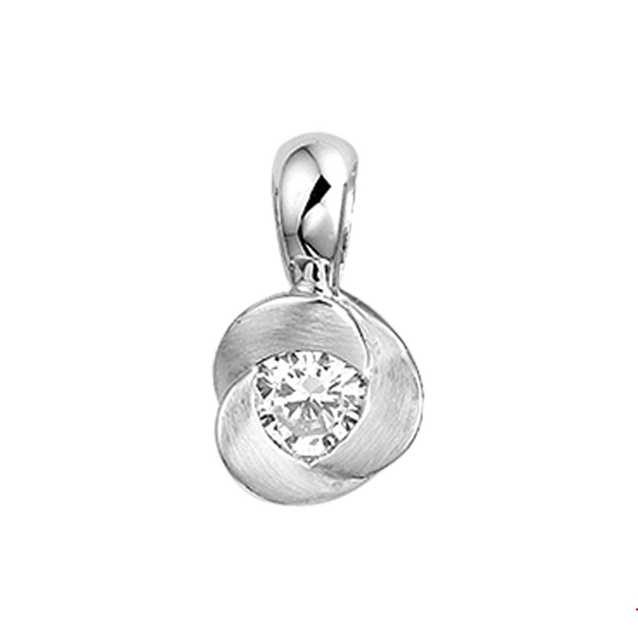 Beschrijving: Gerhodineerd zilveren hanger met zirkonia en een poli/matte afwerking. 
Verpakt per: 1
Doelgroep: dames
Breedte: 9 mm
Hoogte: 16 mm
Zetting: solitaire (kastzetting)