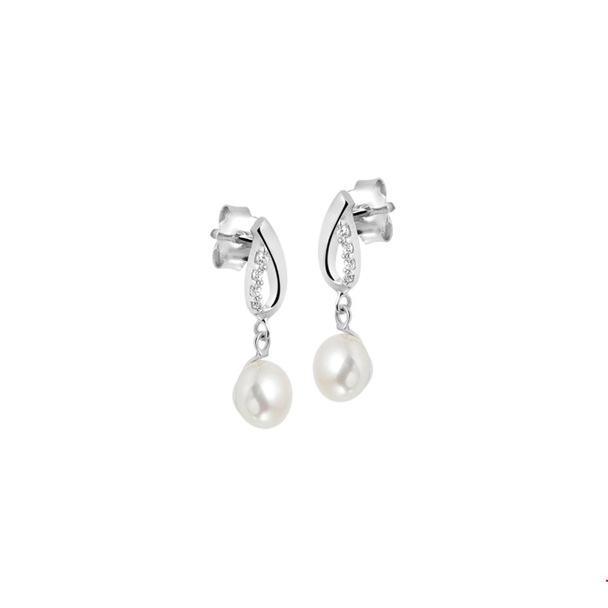 Beschrijving: Gerhodineerd zilveren oorhangers met parel en zirkonia. 
Verpakt per: 1
Doelgroep: dames
Breedte: 7 mm
Hoogte: 21 mm