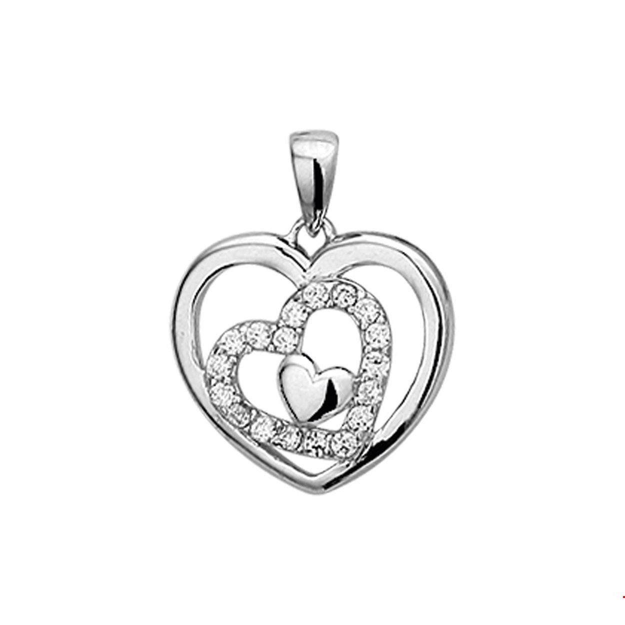 Beschrijving: Gerhodineerd zilveren hanger met een hart en zirkonia. 
Verpakt per: 1
Doelgroep: dames
Breedte: 14 mm
Hoogte: 14.5 mm
Zetting: entourage (rijzetting)