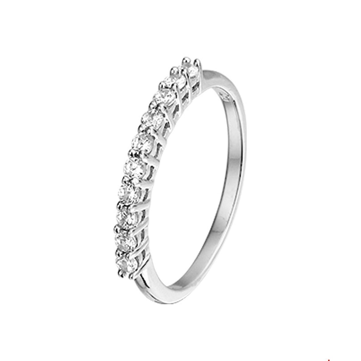 Gerodineerd zilveren ring met tien zirkonia's, elk apart gezet in een chaton met vier zetpoten
