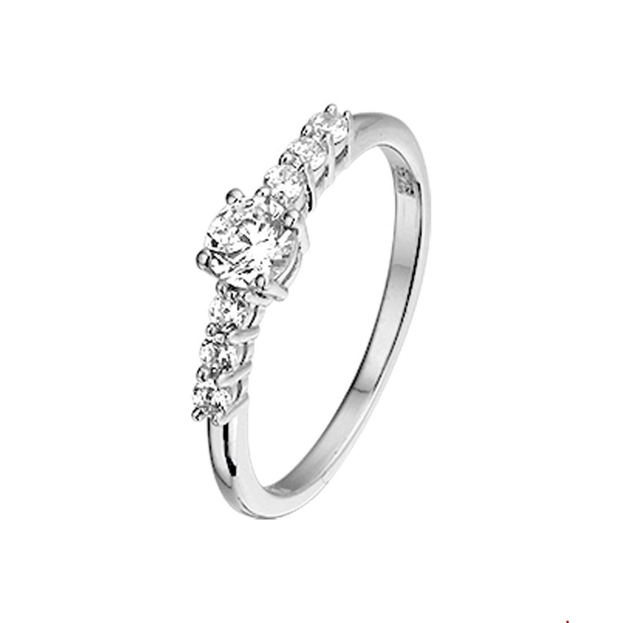 Beschrijving: Gerhodineerd zilveren ring met zirkonia. 
Uniekenummer serie: 26901
Verpakt per: 1
Doelgroep: dames
Ringmaat: 18.50 mm (58)
Zetting: entourage (rijzetting)