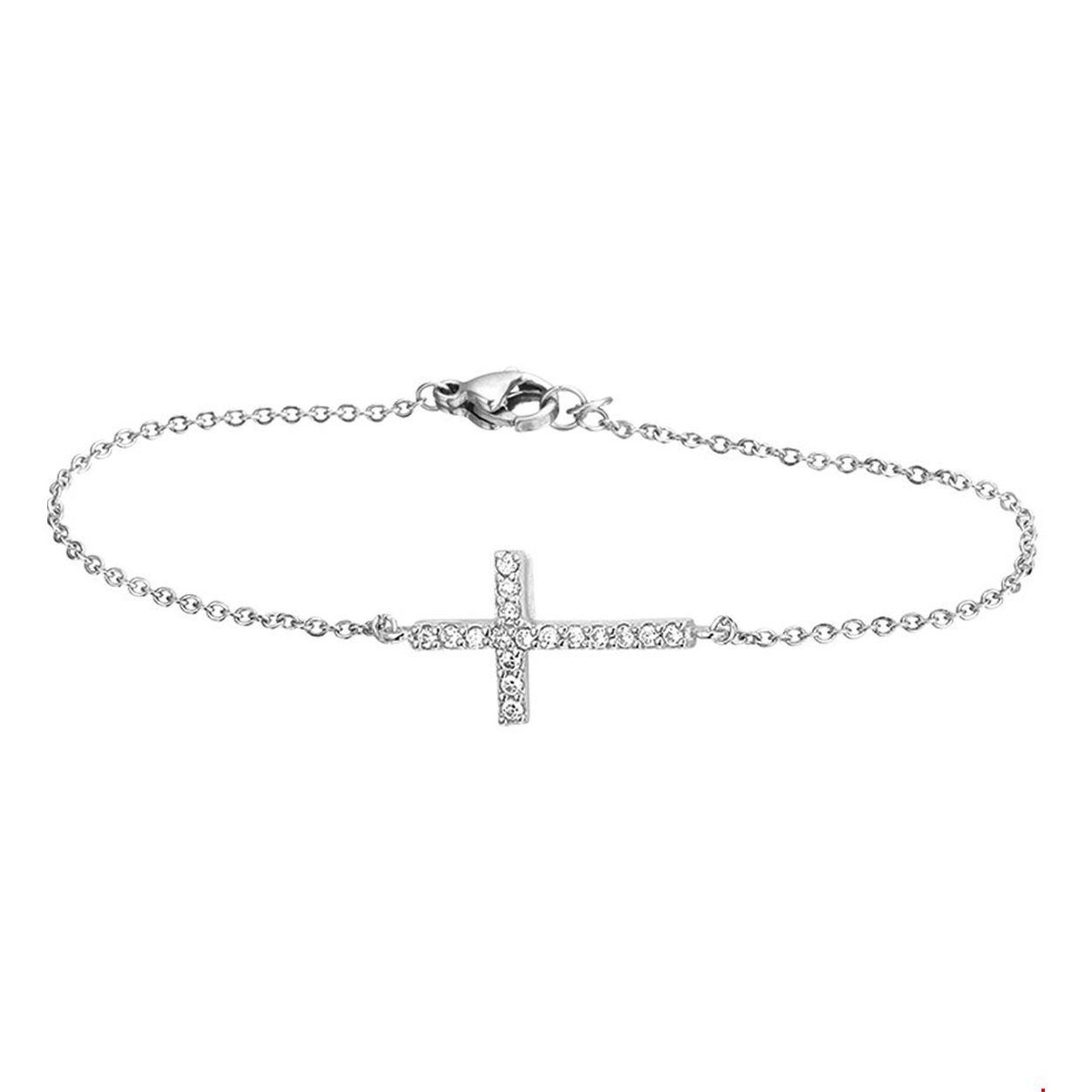 Beschrijving: Gerhodineerd zilveren armband met een kruis van zirkonia. De lengte van de armband bedraagt 15.5cm met 2.5cm extensie. De schakelbreedte bedraagt 1.3mm. 
Verpakt per: 1
Doelgroep: dames
Breedte: 15 mm
Kortste lengte: 15.5 mm
Langste lengte: 18 mm
Hoogte: 9 mm