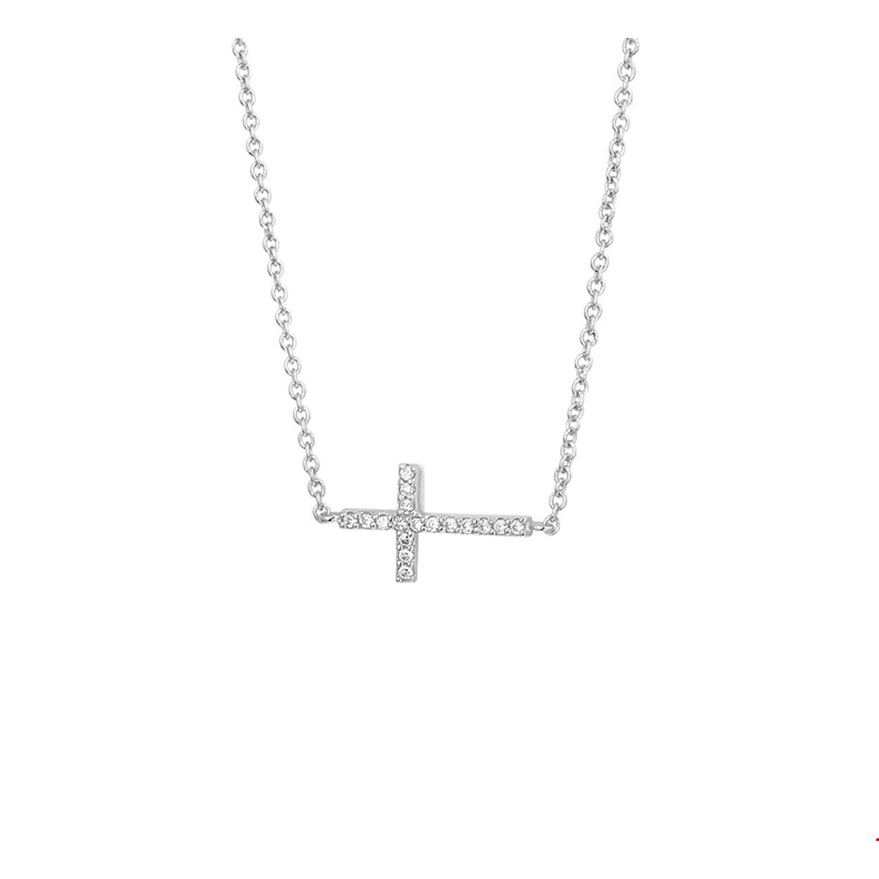 Beschrijving: Gerhodineerd zilveren collier met een kruis van zirkonia. De lengte van het collier bedraagt 41cm met 4cm extensie. De schakelbreedte bedraagt 1.3mm. 
Doelgroep: dames
Breedte: 15 mm
Kortste lengte: 41 cm
Langste lengte: 45 cm
Hoogte: 9 mm