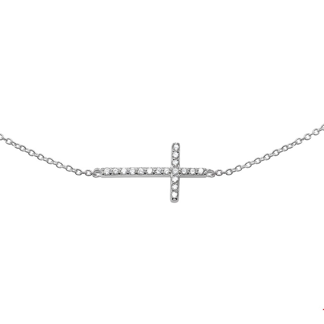 Beschrijving: Gerhodineerd zilveren collier met een kruis van zirkonia. De lengte van het collier bedraagt 41cm met 4cm extensie. De schakelbreedte bedraagt 1.3mm. 
Verpakt per: 1
Doelgroep: dames
Breedte: 20 mm
Kortste lengte: 41 cm
Langste lengte: 45 cm
Hoogte: 12 mm