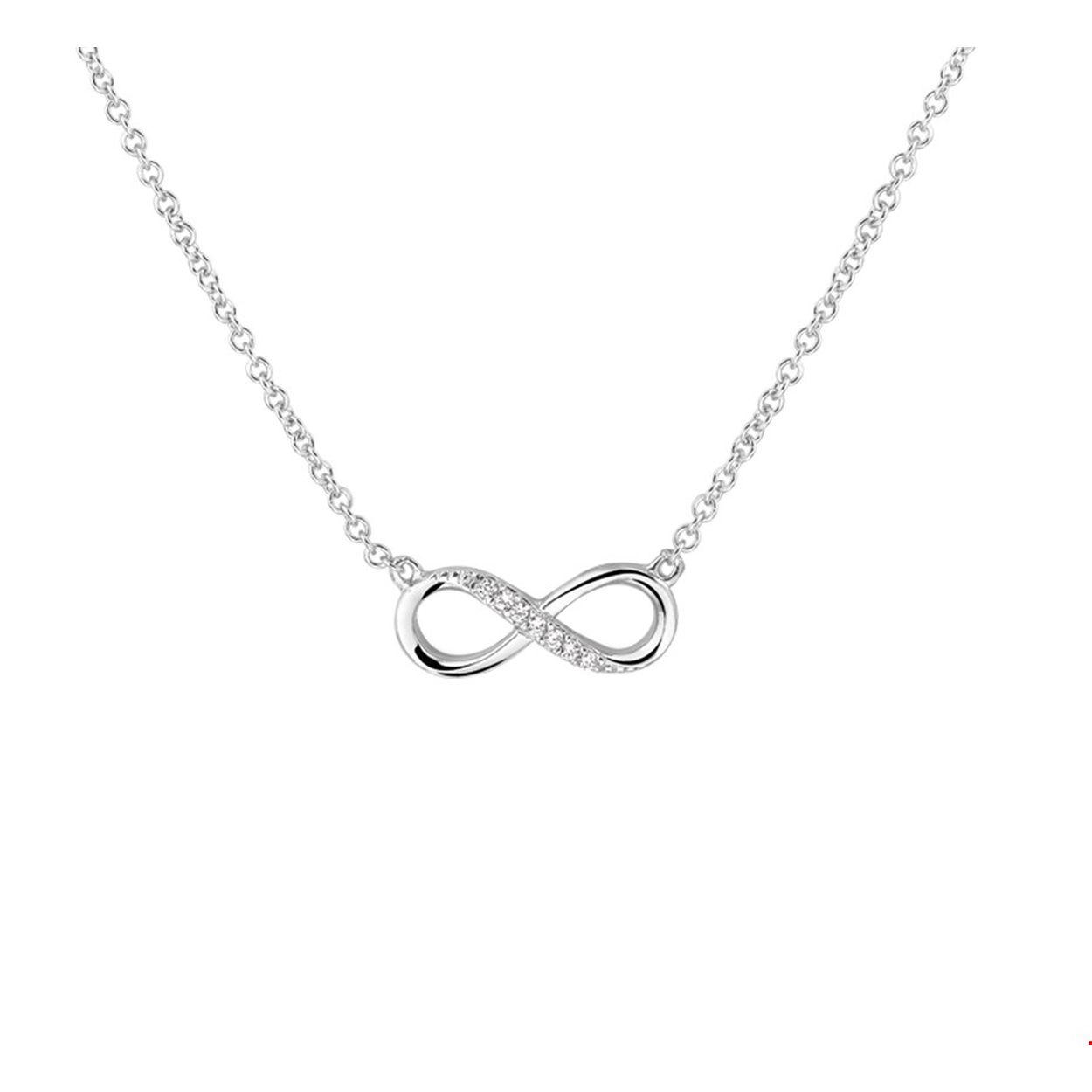 Beschrijving: Infinity is het symbool van nu. Dit fijne collier van gerhodineerd zilver kan daarom echt niet ontbreken in jouw sieraden-stash! Maak het setje compleet met een bijpassende ring en armbandje! Details: Gerhodineerd zilveren collier met infinity teken en zirkonia. Het collier is onderdeel van een set. De lengte bedraagt 41cm met 4cm extensie en de schakelbreedte is 1.2mm. 
Verpakt per: 1
Doelgroep: dames
Breedte: 6 mm
Kortste lengte: 41 cm
Langste lengte: 45 cm
Hoogte: 15 mm