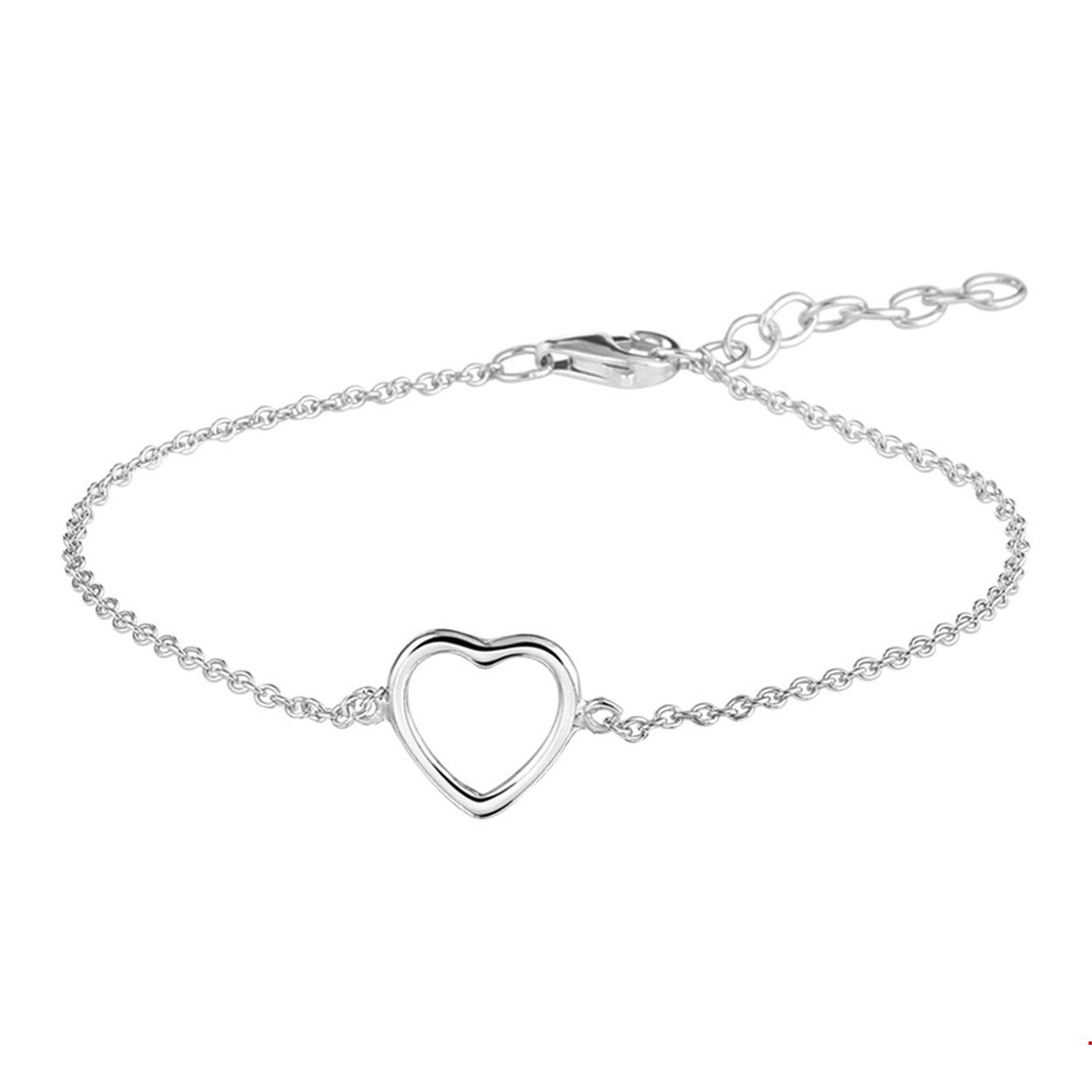 Gerhodineerd zilveren armband met een open hart. De lengte van de armband bedraagt 15.5cm met 2.5cm extensie. De schakelbreedte bedraagt 1.3mm. 
Uniekenummer serie: 35816
Doelgroep: dames
Breedte: 9.5 mm
Kortste lengte: 15.5 mm
Langste lengte: 18 mm
Hoogte: 9.5 mm