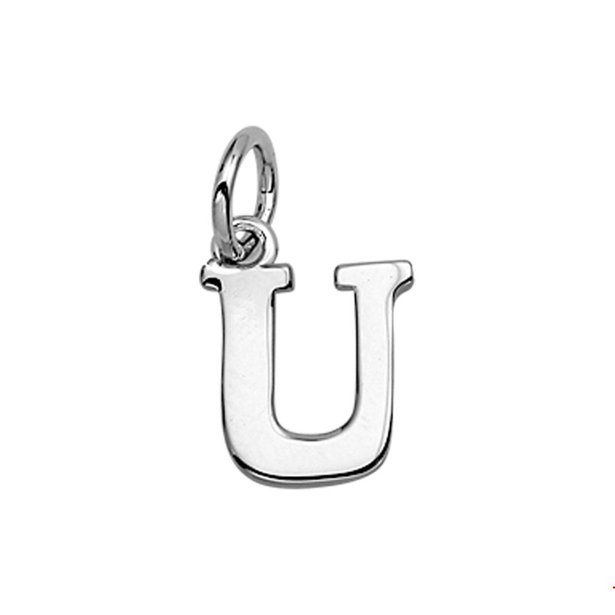 Gerhodineerd zilveren hanger letter U met een hoogte van 12.5mm en een breedte van 9.5mm.