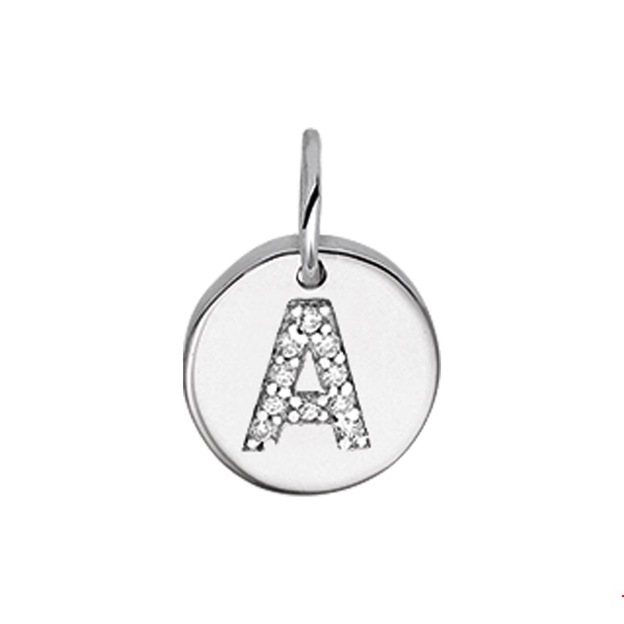 Beschrijving: Gerhodineerd zilveren bedel met de letter A en zirkonia. 
Doelgroep: unisex
Breedte: 9.5 mm
Zetting: entourage (rijzetting)