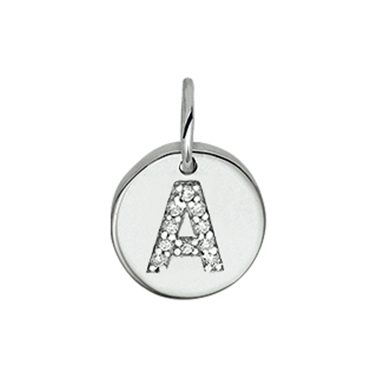 Beschrijving: Gerhodineerd zilveren bedel met de letter A en zirkonia. 
Doelgroep: unisex
Breedte: 9.5 mm
Zetting: entourage (rijzetting)