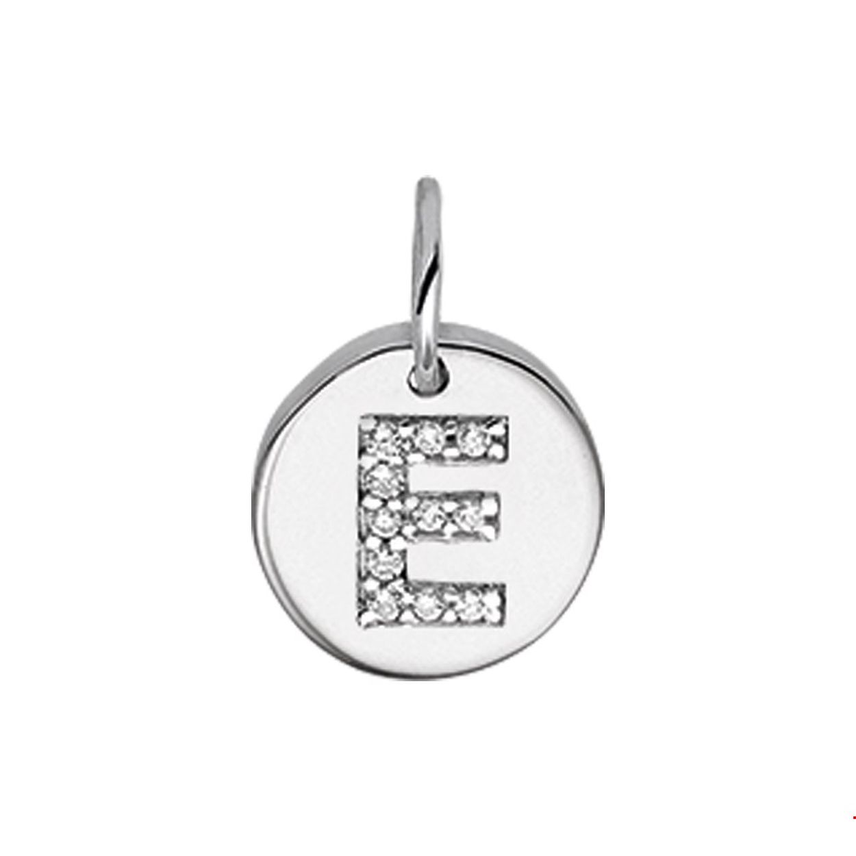 Beschrijving: Gerhodineerd zilveren bedel met de letter E en zirkonia. 
Uniekenummer serie: 35761
Verpakt per: 1
Doelgroep: unisex
Breedte: 9.5 mm
Zetting: entourage (rijzetting)