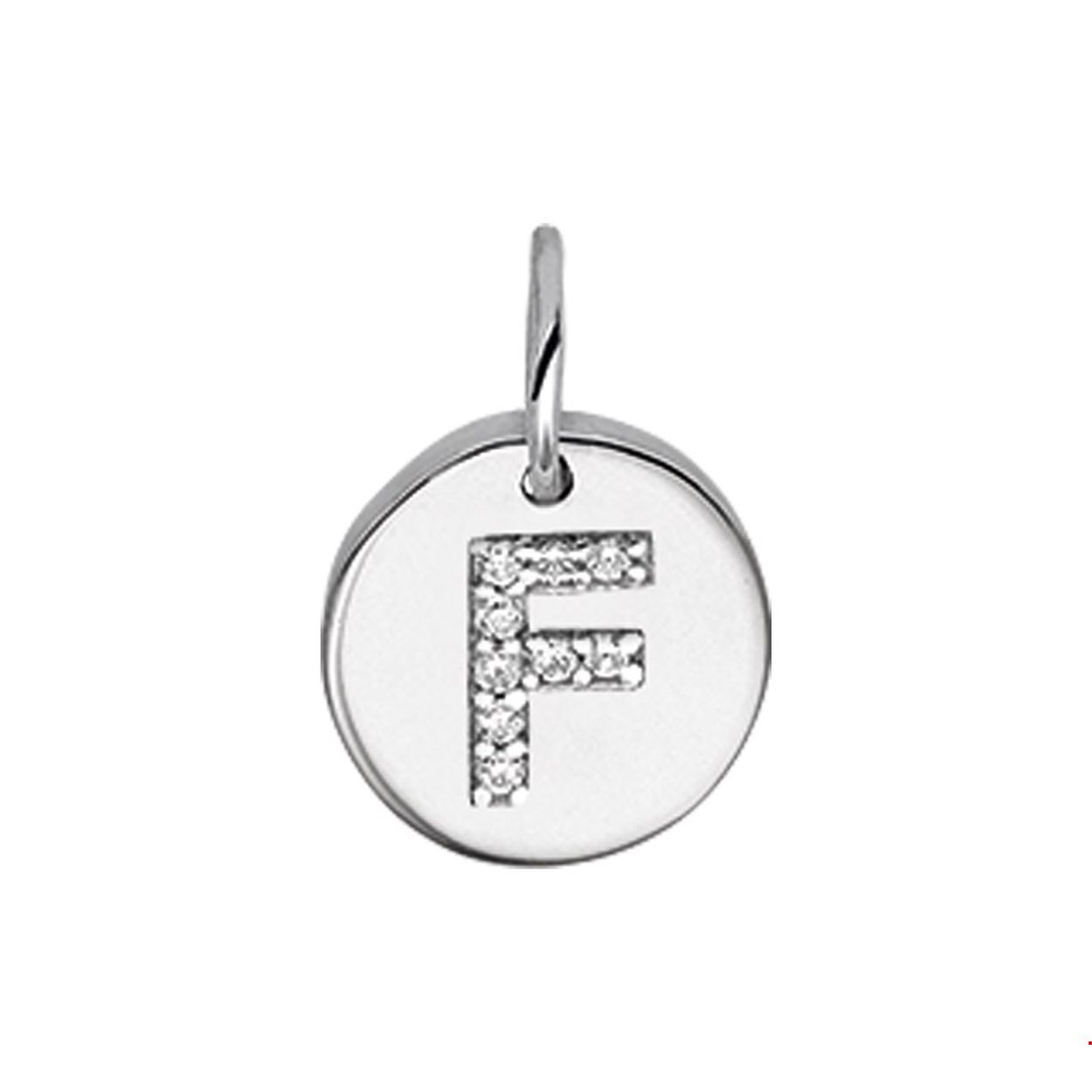 Beschrijving: Gerhodineerd zilveren bedel met de letter F en zirkonia. 
Uniekenummer serie: 35761
Verpakt per: 1
Doelgroep: unisex
Breedte: 9.5 mm
Zetting: entourage (rijzetting)