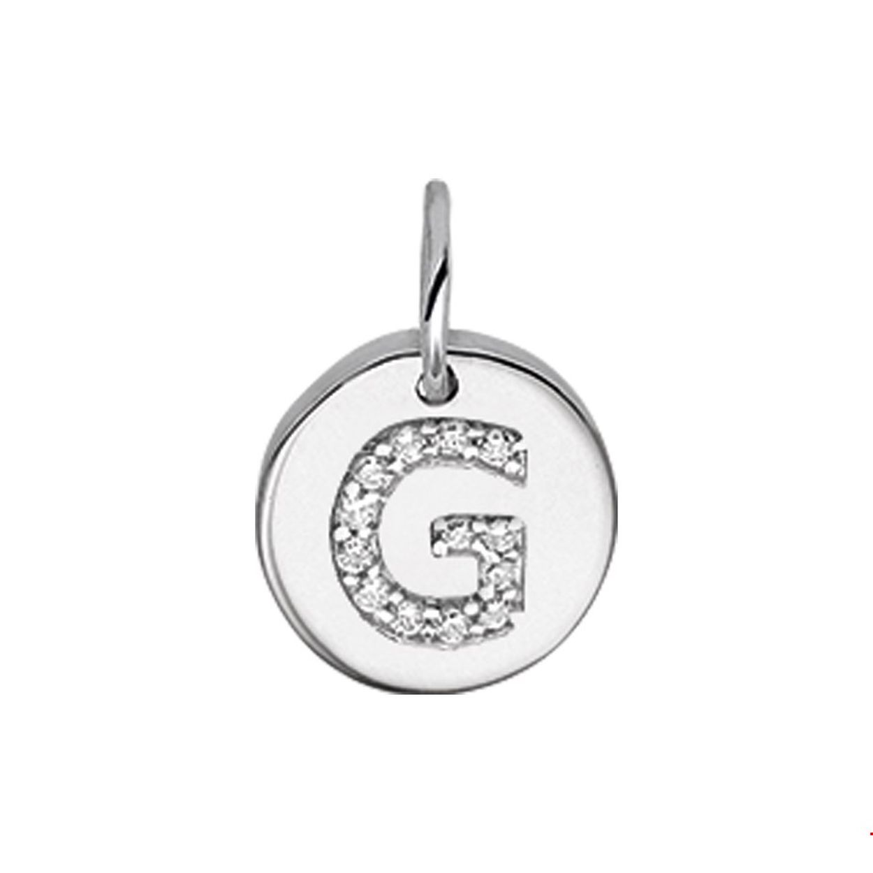 Beschrijving: Gerhodineerd zilveren bedel met de letter G en zirkonia. 
Uniekenummer serie: 35761
Verpakt per: 1
Doelgroep: unisex
Breedte: 9.5 mm
Zetting: entourage (rijzetting)