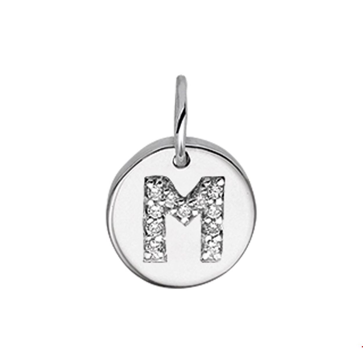 Beschrijving: Gerhodineerd zilveren bedel met de letter M en zirkonia. 
Uniekenummer serie: 35761
Verpakt per: 1
Doelgroep: unisex
Breedte: 9.5 mm
Zetting: entourage (rijzetting)