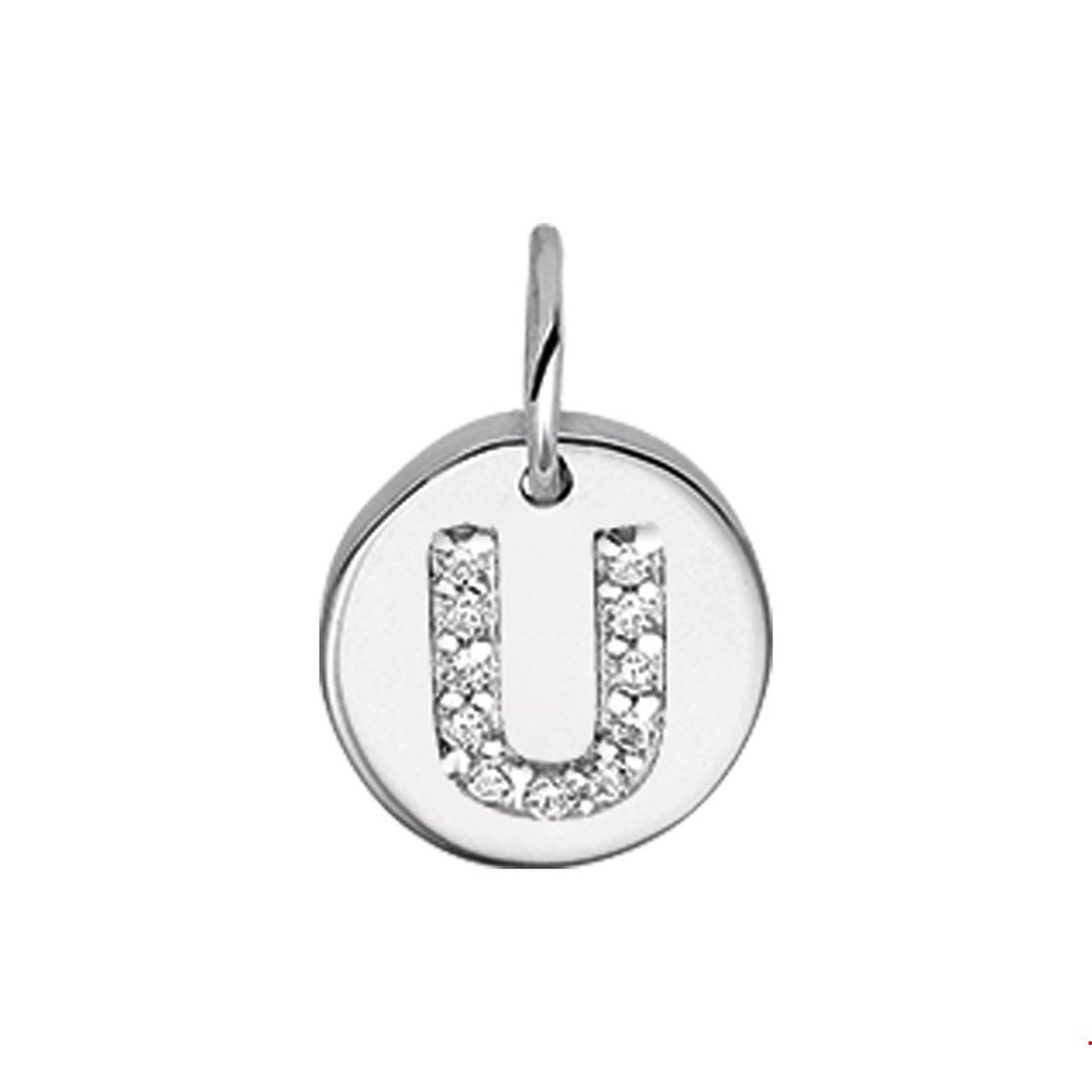Beschrijving: Gerhodineerd zilveren bedel met de letter U en zirkonia. 
Uniekenummer serie: 35761
Verpakt per: 1
Doelgroep: unisex
Breedte: 9.5 mm
Zetting: entourage (rijzetting)