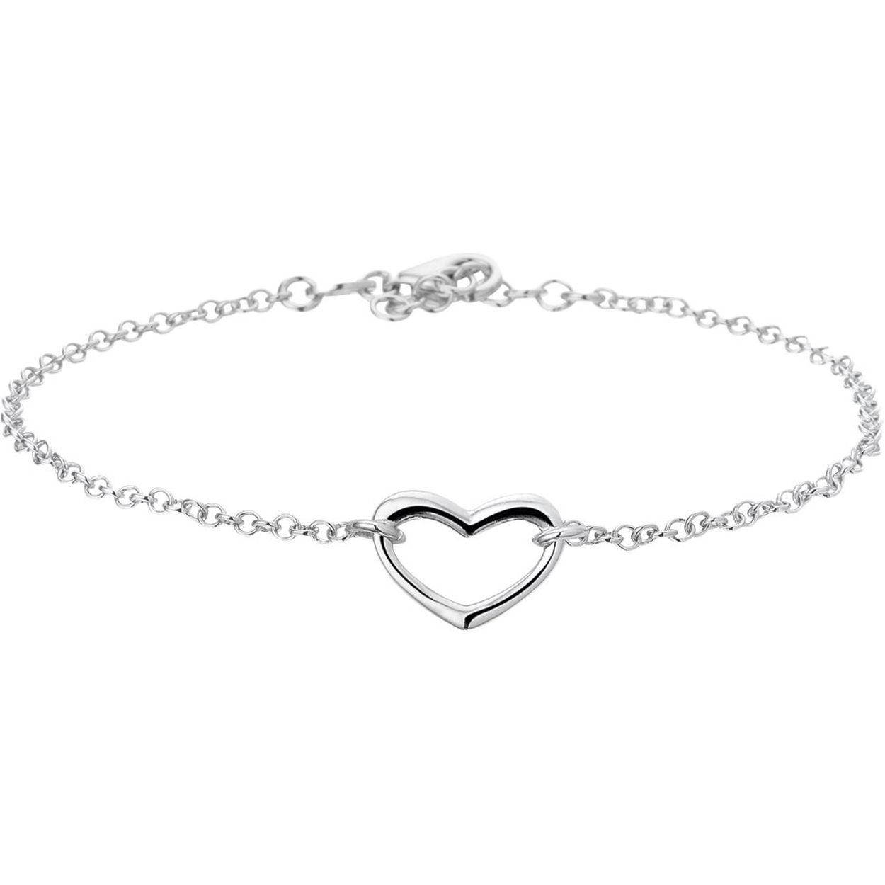 Fijne sieraden zijn niet meer weg te denken uit het straatbeeld. Subtiel en sophisticated zijn de kernwoorden voor deze stijl. Slanke lijnen verfijnde vormen en fashionable symbolen zoals dit hartje. Gerhodineerd zilveren armband met een open hart. De lengte van de armband bedraagt 17cm met 2cm extensie. De schakelbreedte bedraagt 2.1mm.