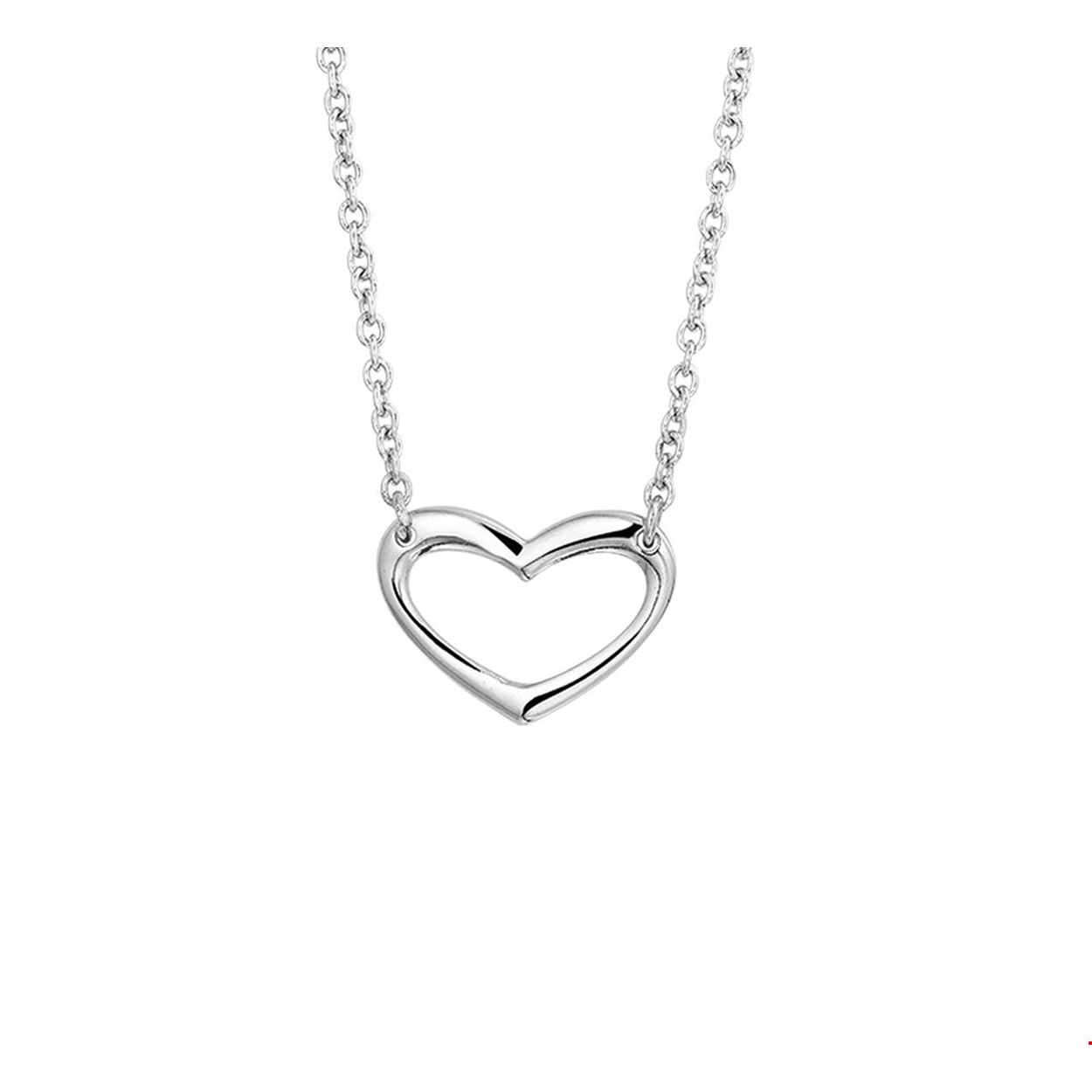 Beschrijving: Fijne sieraden zijn niet meer weg te denken uit het straatbeeld. Subtiel en sophisticated zijn de kernwoorden voor deze stijl. Slanke lijnen verfijnde vormen en fashionable symbolen zoals dit hartje. Details: Gerhodineerd zilveren collier met een open hart. De lengte van het collier bedraagt 40cm met 4cm extensie. De schakelbreedte bedraagt 2.5mm. 
Verpakt per: 1
Doelgroep: dames
Breedte: 23.5 mm
Kortste lengte: 40 mm
Langste lengte: 44 mm
Hoogte: 17 mm