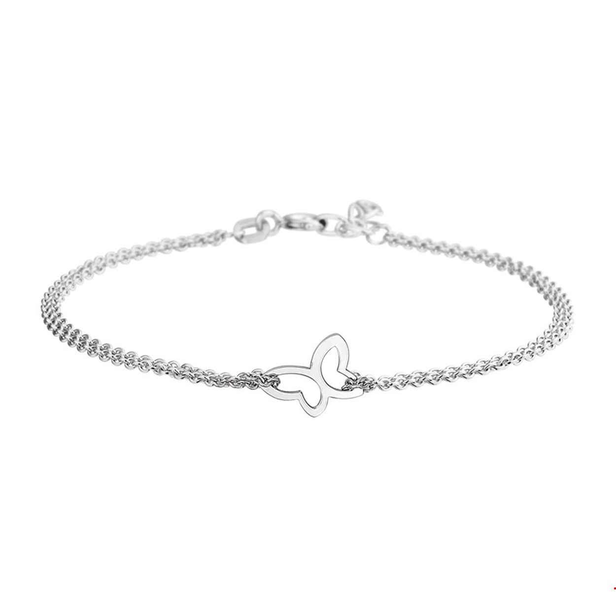 Beschrijving: Gerhodineerd zilveren armband met een vlinder. De lengte van de armband bedraagt 17cm met 2cm extensie en de schakelbreedte is 1.5mm. 
Verpakt per: 1
Doelgroep: dames
Kortste lengte: 17 mm
Langste lengte: 19 mm