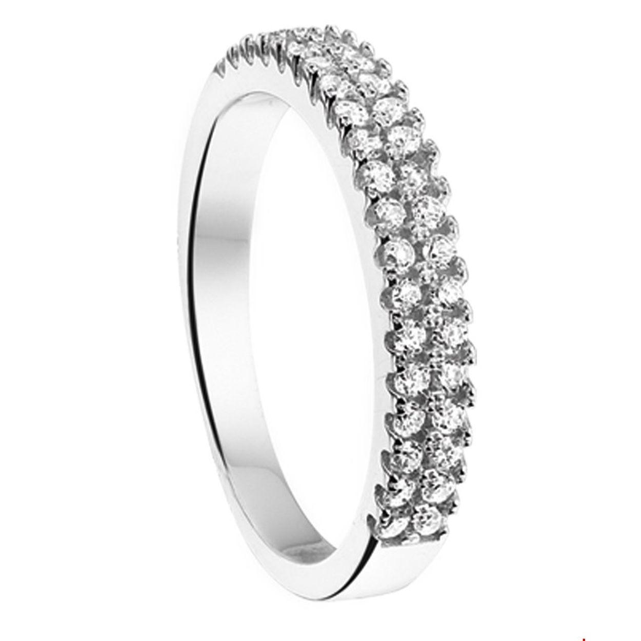 Gerhodineerd zilveren ring met 2 rijen zirkonia. 
Breedte: 3.5 mm
Zetting: pave