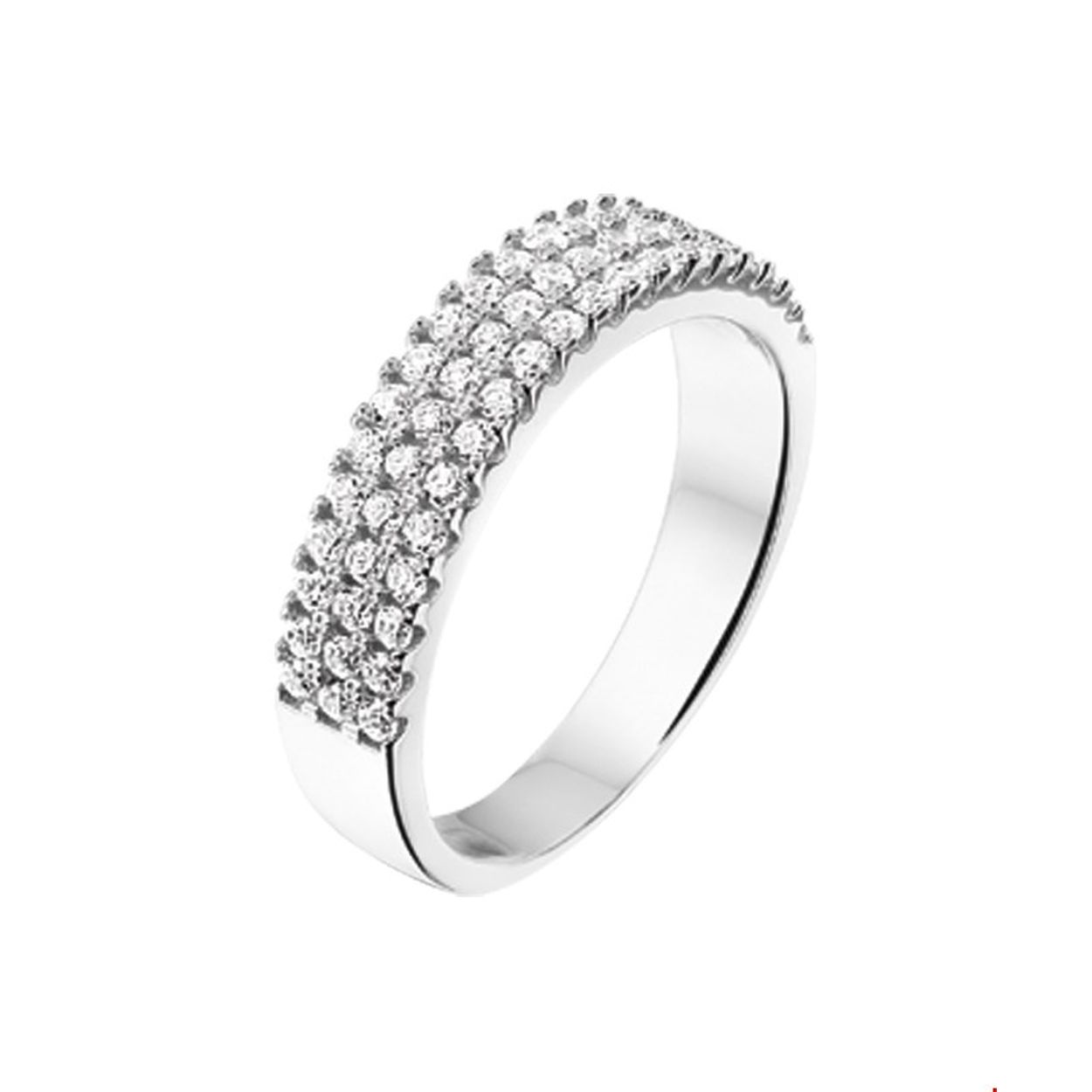 Beschrijving: Gerhodineerd zilveren ring met 3 rijen zirkonia. 
Uniekenummer serie: 26906
Doelgroep: dames
Ringmaat: 17.25 mm (54)
Breedte: 5 mm
Zetting: pave