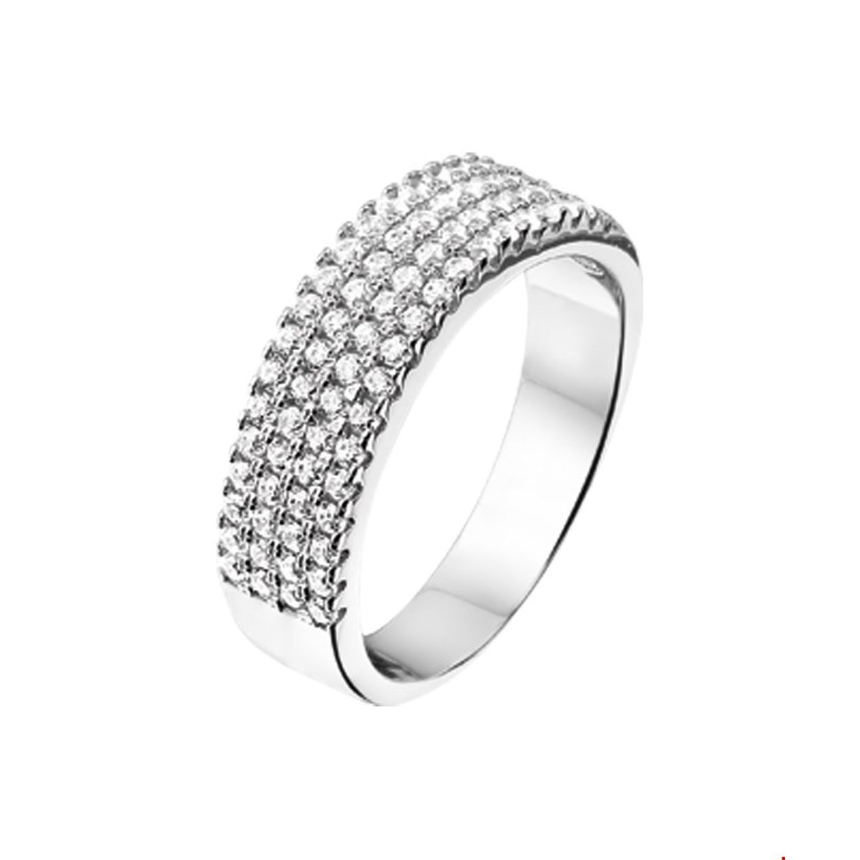 Beschrijving: Gerhodineerd zilveren ring met 4 rijen zirkonia. 
Doelgroep: dames
Ringmaat: 17.25 mm (54)
Breedte: 6 mm
Zetting: pave