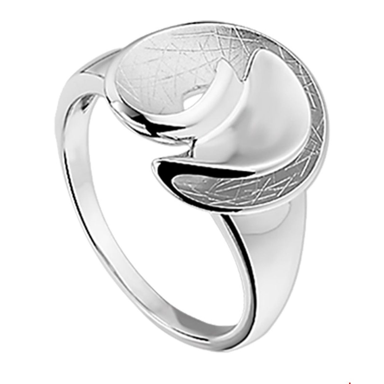 Zilveren ring met een poli en gescratchte afwerking.
Ringmaat: 19.00 mm (60)
Breedte: 14.5 mm
De ring is onderdeel van een set. Maak de set compleet met de bijpassende oorsieraden en collier.