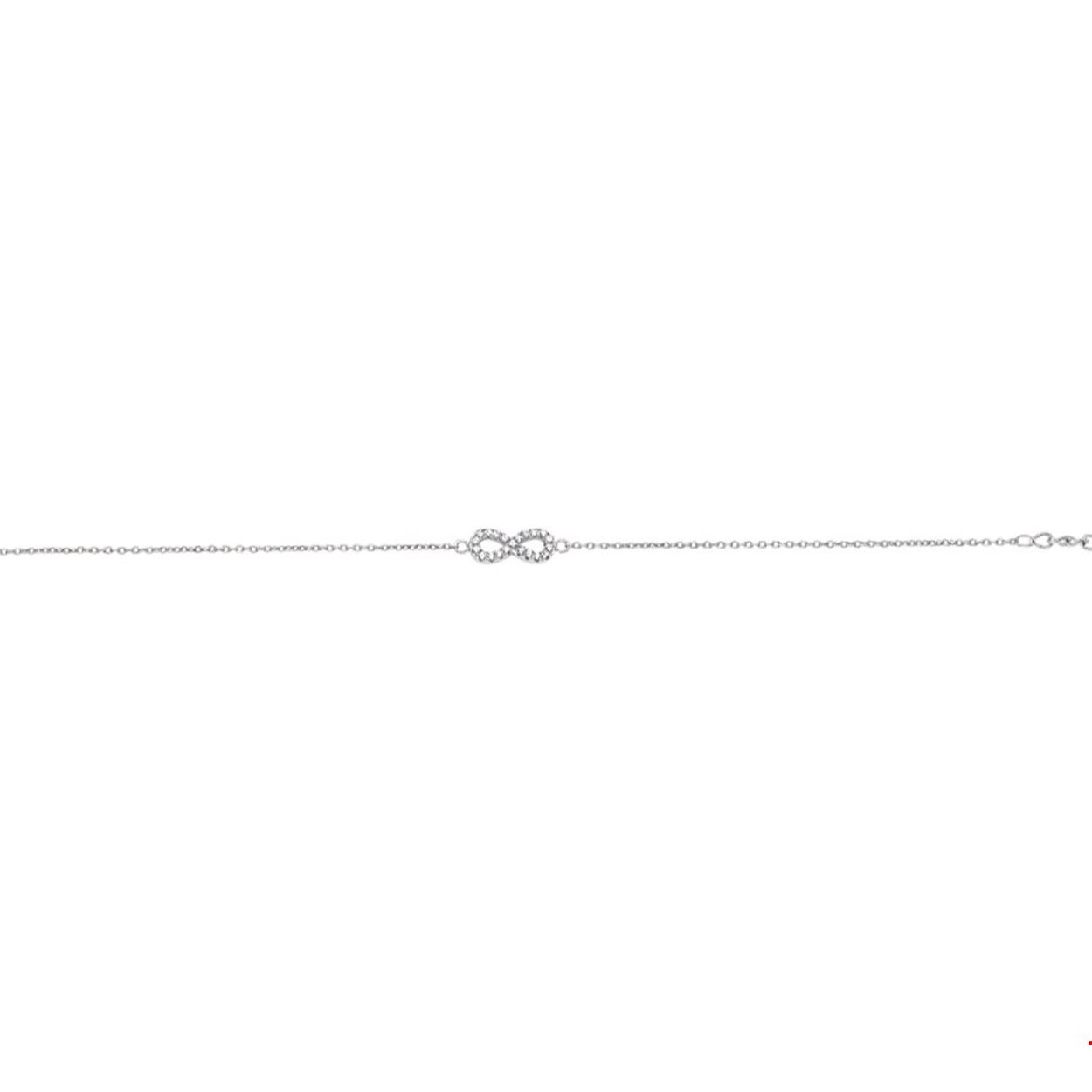 Beschrijving: Gerhodineerd zilveren armband met infinity teken en zirkonia. De lengte van de armband bedraagt 16cm met 2.5cm extensie. De schakelbreedte bedraagt 1.1mm. 
Verpakt per: 1
Doelgroep: dames
Breedte: 5.5 mm
Kortste lengte: 16 mm
Langste lengte: 18.5 mm
Hoogte: 17 mm