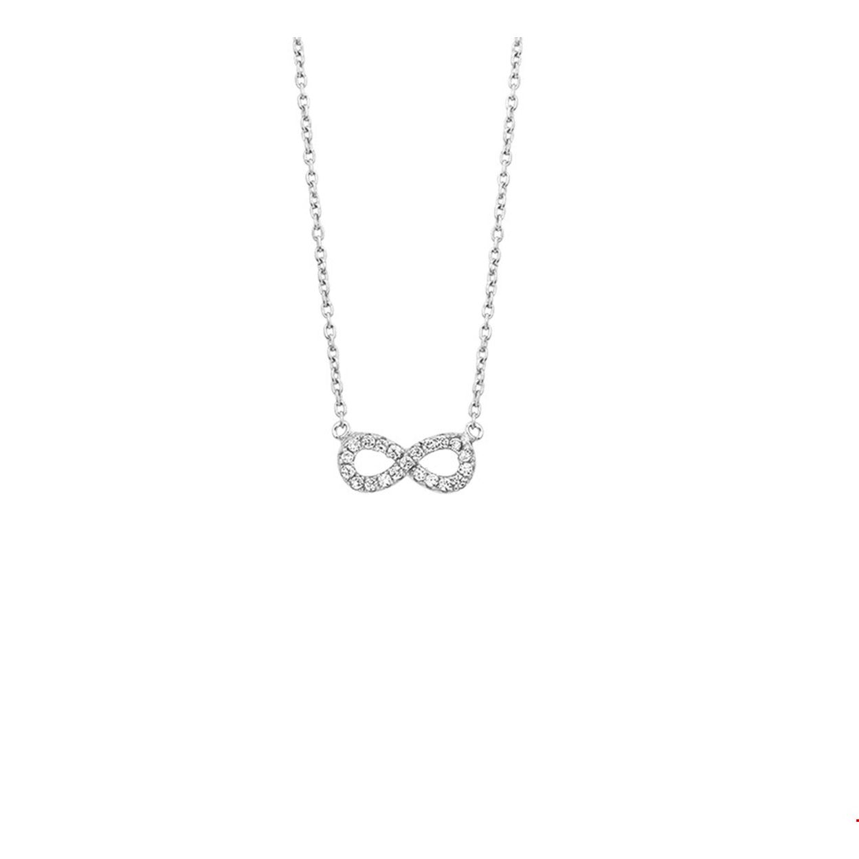 Beschrijving: Gerhodineerd zilveren collier met infinity teken en zirkonia. De lengte van het collier bedraagt 41cm met 4cm extensie. De schakelbreedte bedraagt 1.1mm. 
Doelgroep: dames
Breedte: 6.5 mm
Kortste lengte: 41 cm
Langste lengte: 45 cm
Hoogte: 13.5 mm