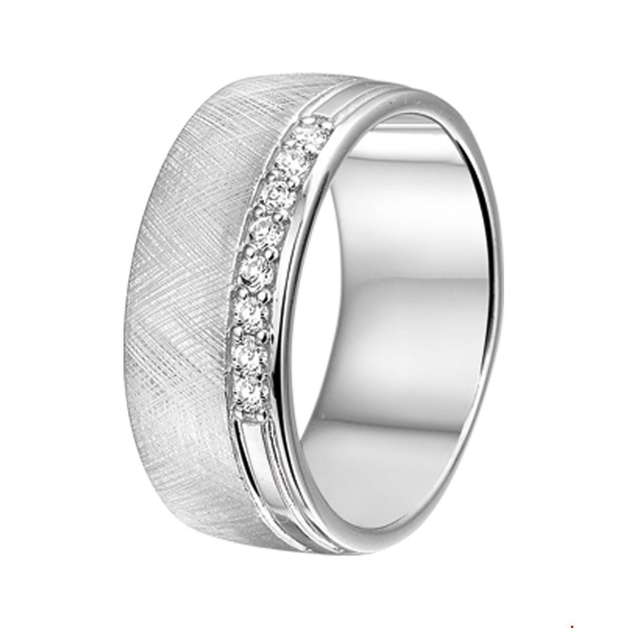 Gerhodineerd zilveren ring met zirkonia en een poli en gescratchte afwerking.

Breedte: 8 mm
Zetting: entourage (rijzetting)