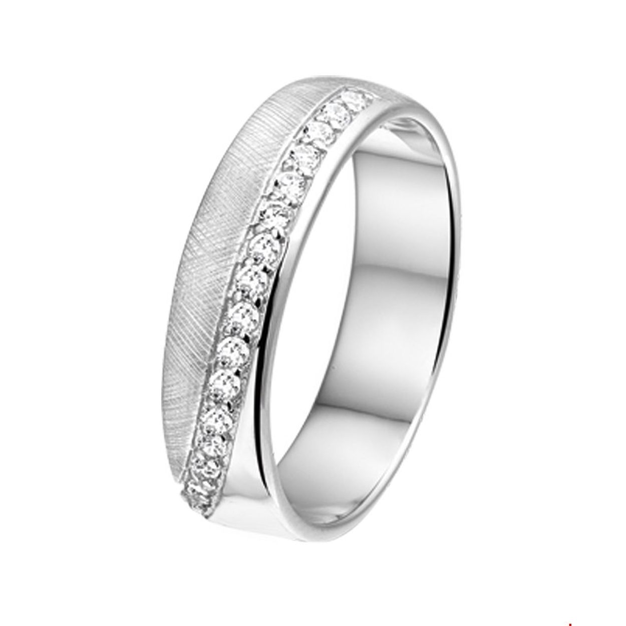 Beschrijving: Gerhodineerd zilveren ring met zirkonia en een poli en gescratchte afwerking. 
Doelgroep: dames
Ringmaat: 16.50 mm (52)
Breedte: 6 mm
Zetting: entourage (rijzetting)