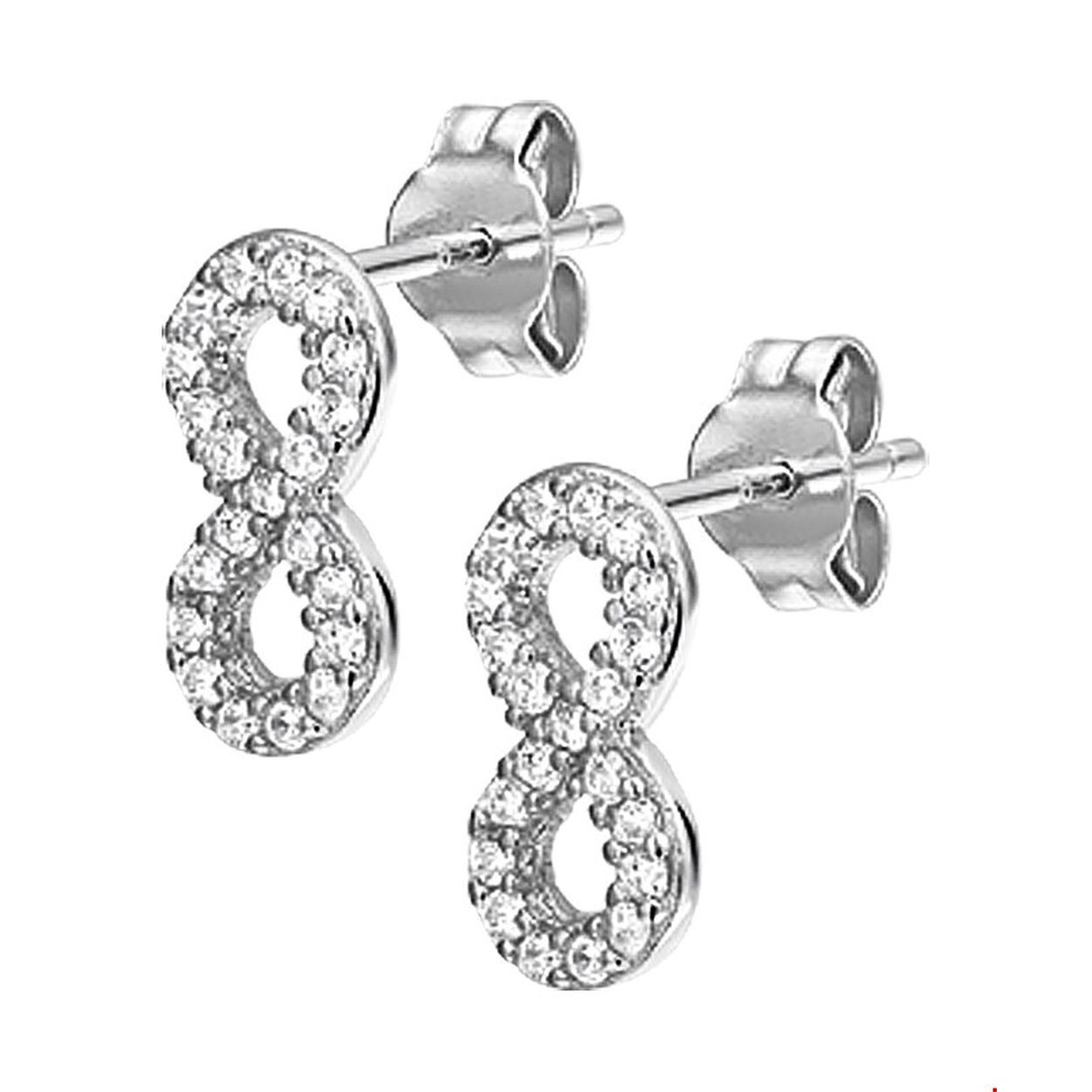 Beschrijving: Gerhodineerd zilveren oorknoppen met infinity teken van zirkonia. 
Doelgroep: dames
Breedte: 5.5 mm
Hoogte: 11 mm