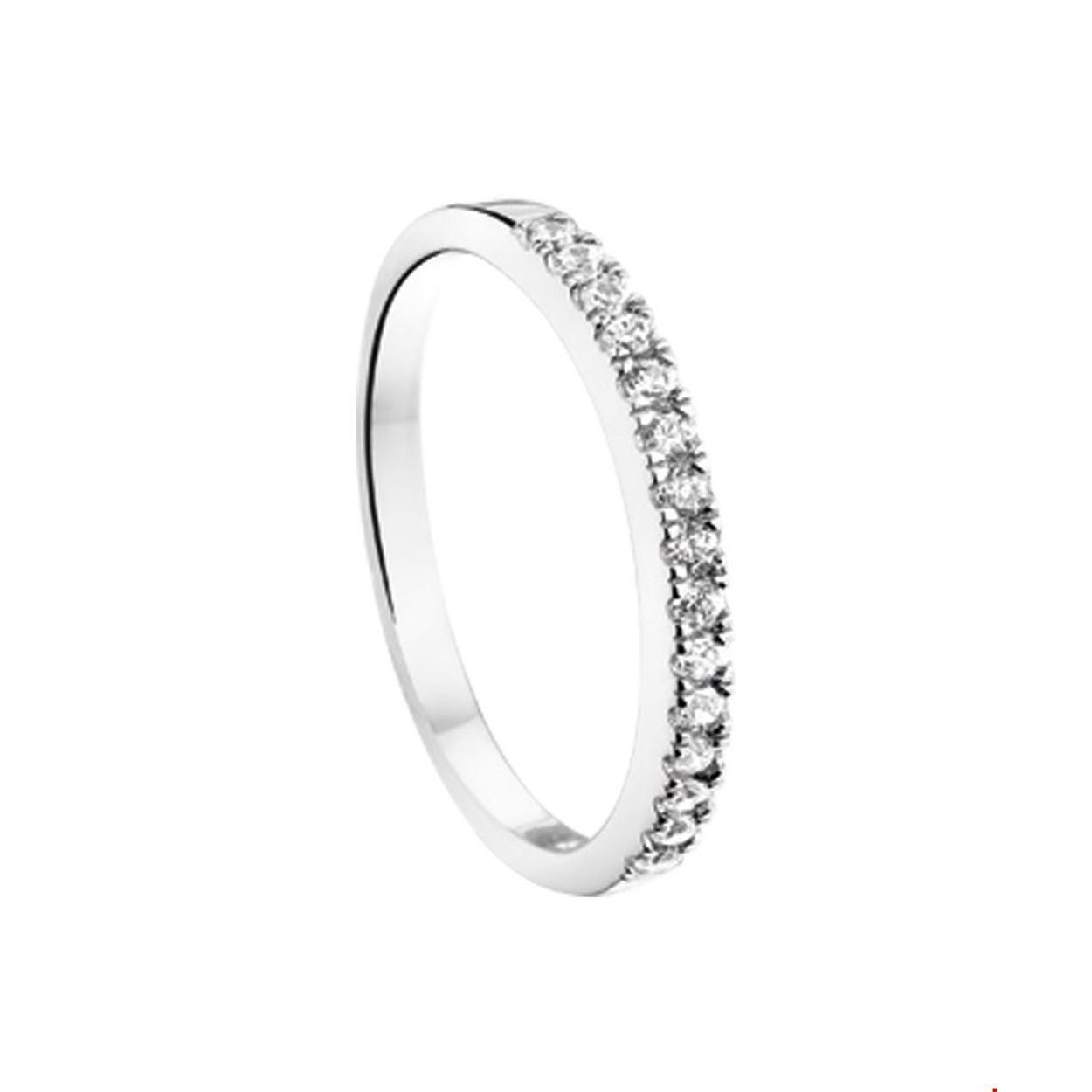 Gerhodineerd zilveren ring met zirkonia. 
Doelgroep: dames
Ringmaat: 15.50 mm (49)
Breedte: 2 mm
Zetting: alliance (rijzetting)