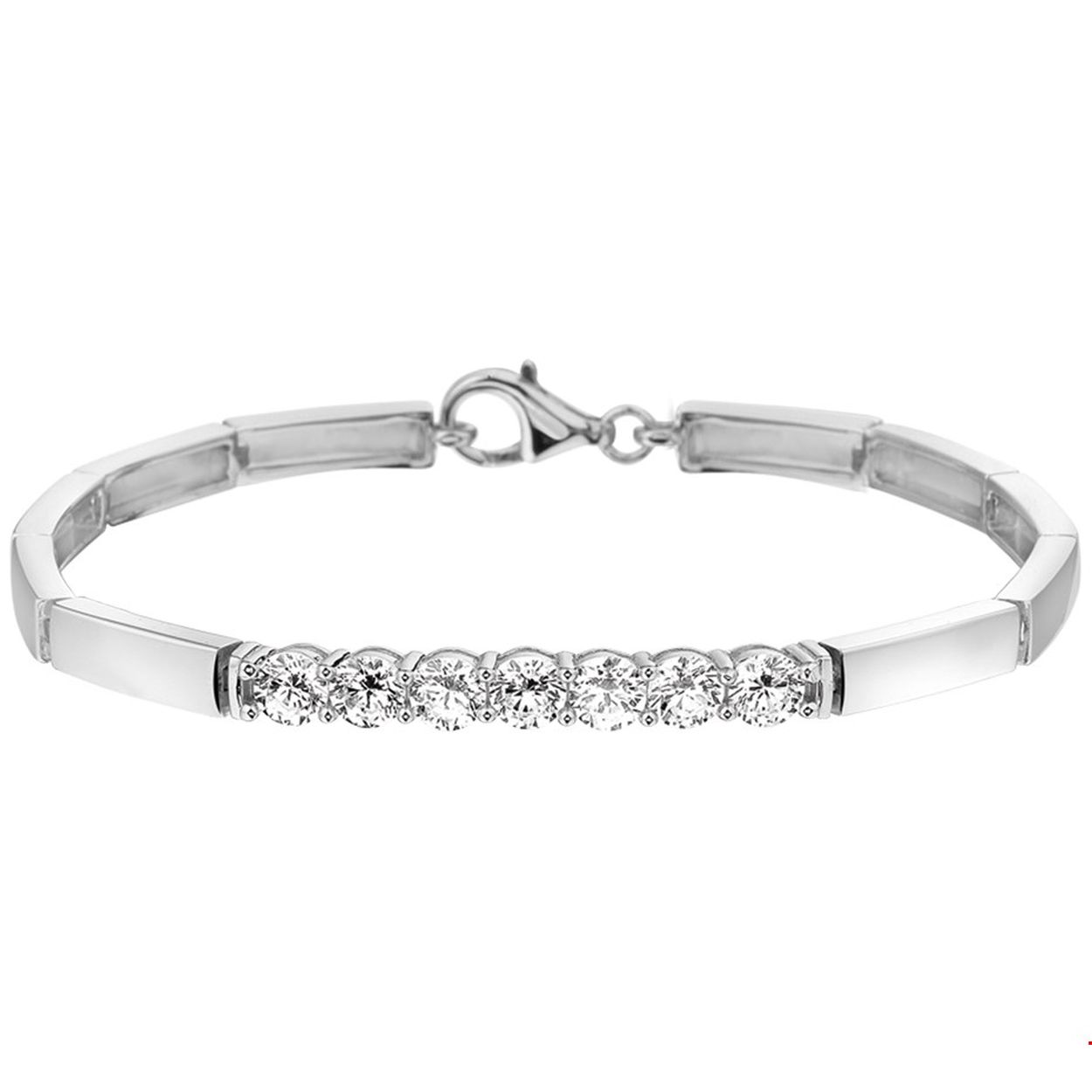Gerhodineerd zilveren armband met zirkonia.
Doelgroep: dames
Breedte: 4.5 mm
Langste lengte: 18.5 cm
Zetting: entourage (rijzetting)